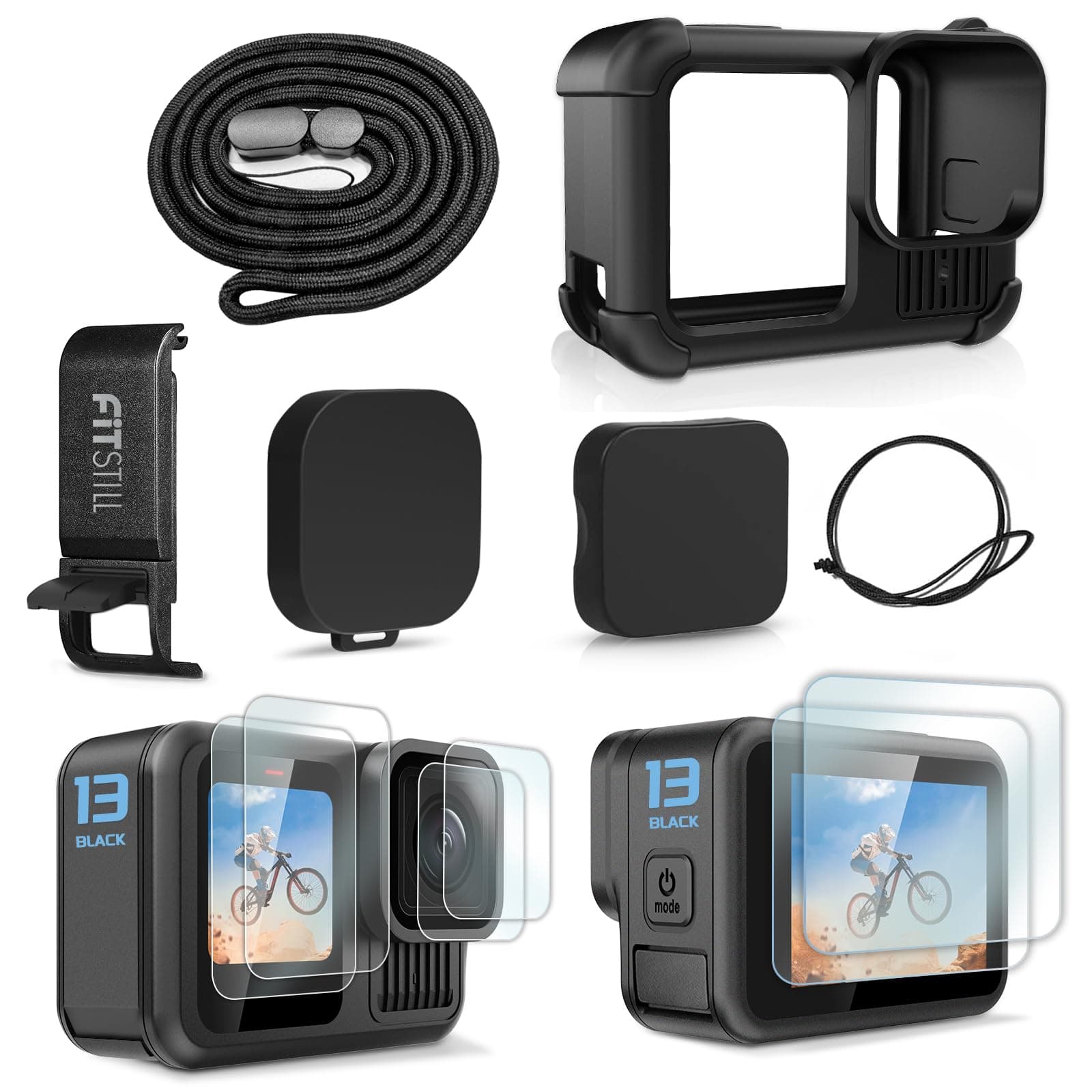 Black Silicone Sleeve Rubber Protective Case Only For Go Pro Hero 13 Black,Battery Side Cover&Screen Protectors& Lens Caps&Lanyard Accessories Kit