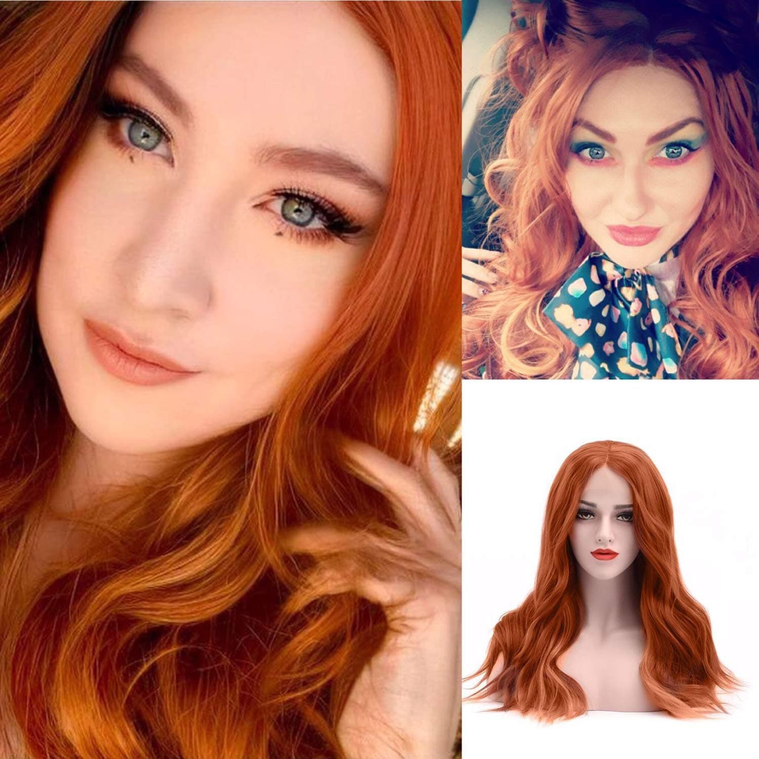 CIMITIKI Glueless Red Copper Lace Front Wigs Long Loose Wave 18Inch Orange Side Part Hair Style Synthetic full Ginger Wig Heat Resistant Fiber for Women Girls
