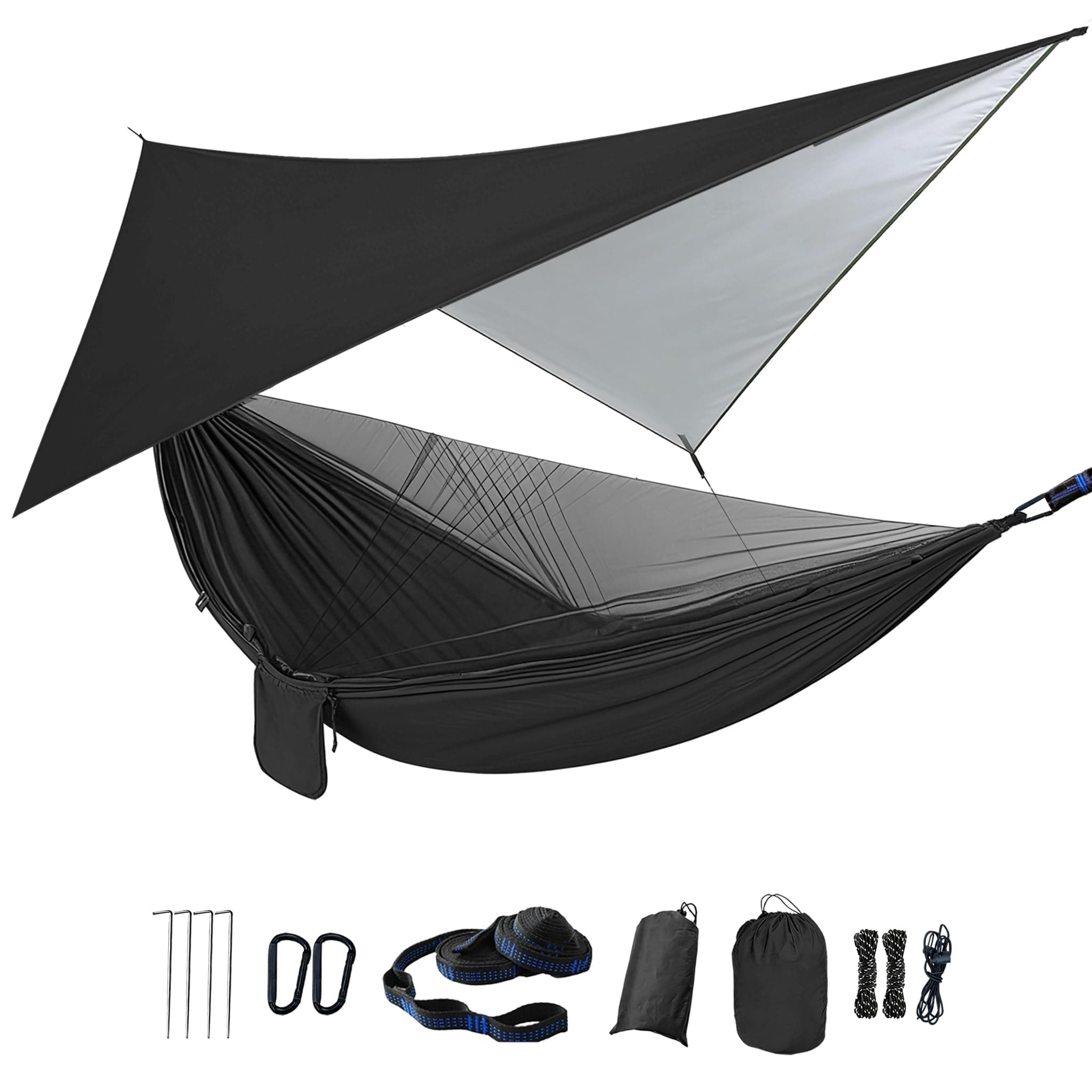 Camping Hammock with Mosquito Net Rain Fly Heavy Duty Tree Strap Portable Single Double Parachute Hammocks Tent Waterproof Rainfly Set for Camping Patio Backpacking Outdoor Hiking Travel