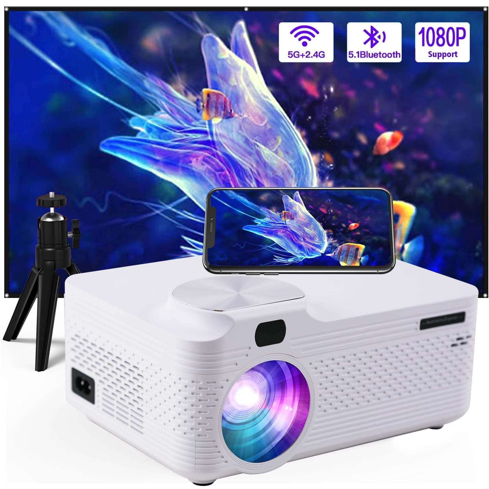 Portable Projector Supported 1080P, with 5G WiFi and Bluetooth, Equipped HiFi Effects, 200” Display Supported and Correction of Four Angles, with Tripod and Screen for TV Stick/HDMI/USB/Smartphone
