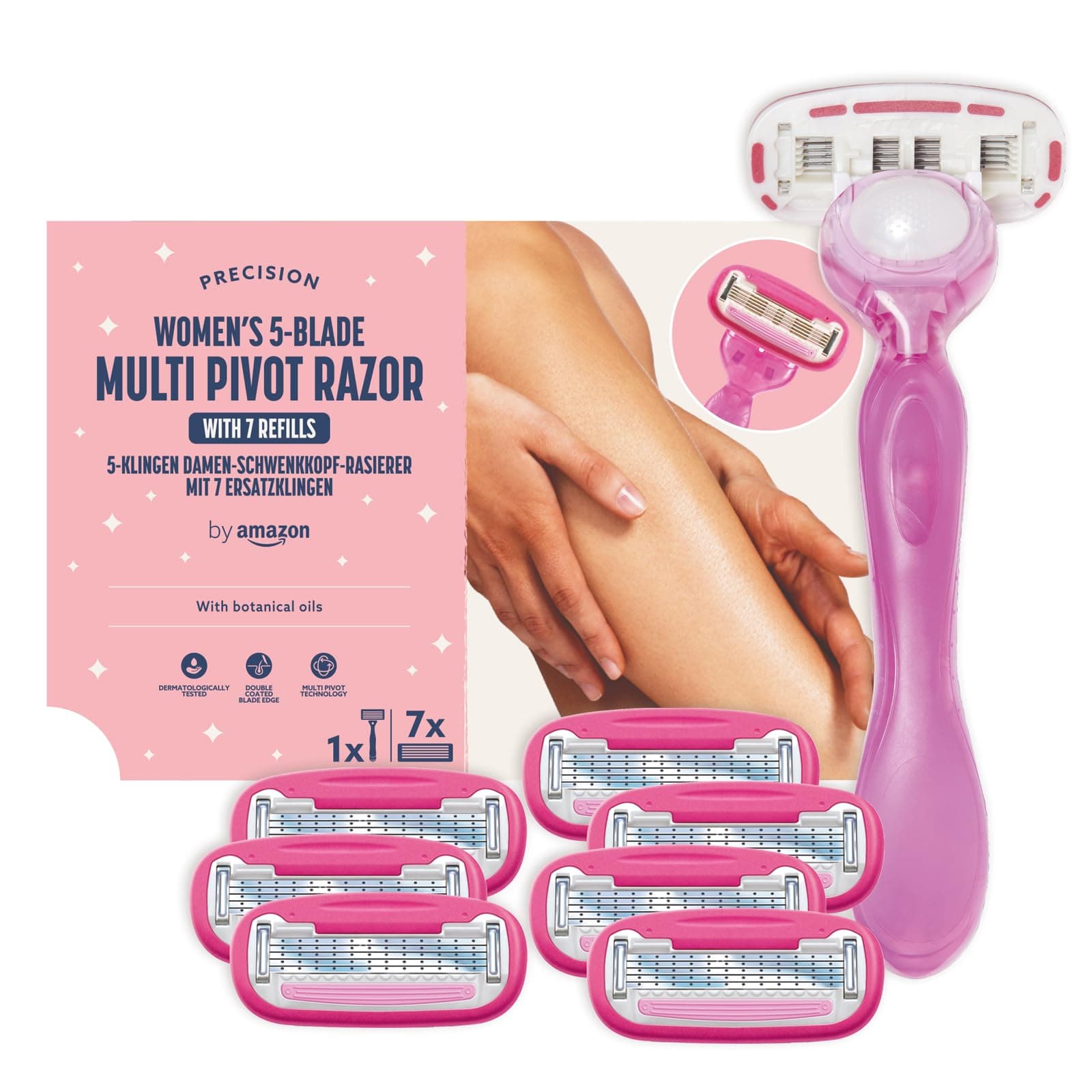 Women's 5 Blade Razor with Multi Axis Pivot handle + 7 refills