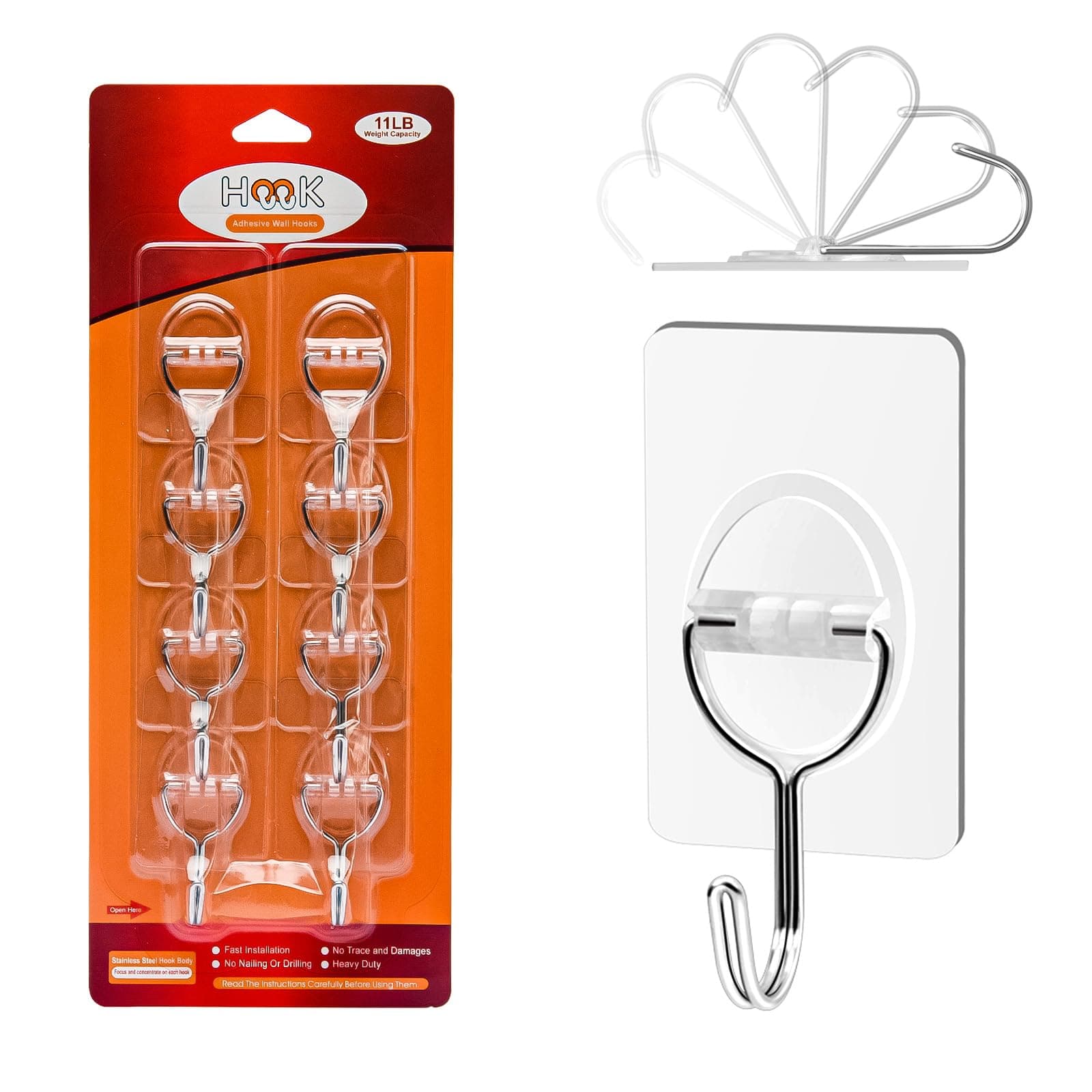 CGBE Adhesive Hooks Heavy Duty Sticky Hooks for Hanging 11 lbs (Max) Seamless Transparent Adhesive Hooks Wall Hangers Without Nails for Hanging Keys Coats Hats Bags Ceiling (Clear-8PACK)