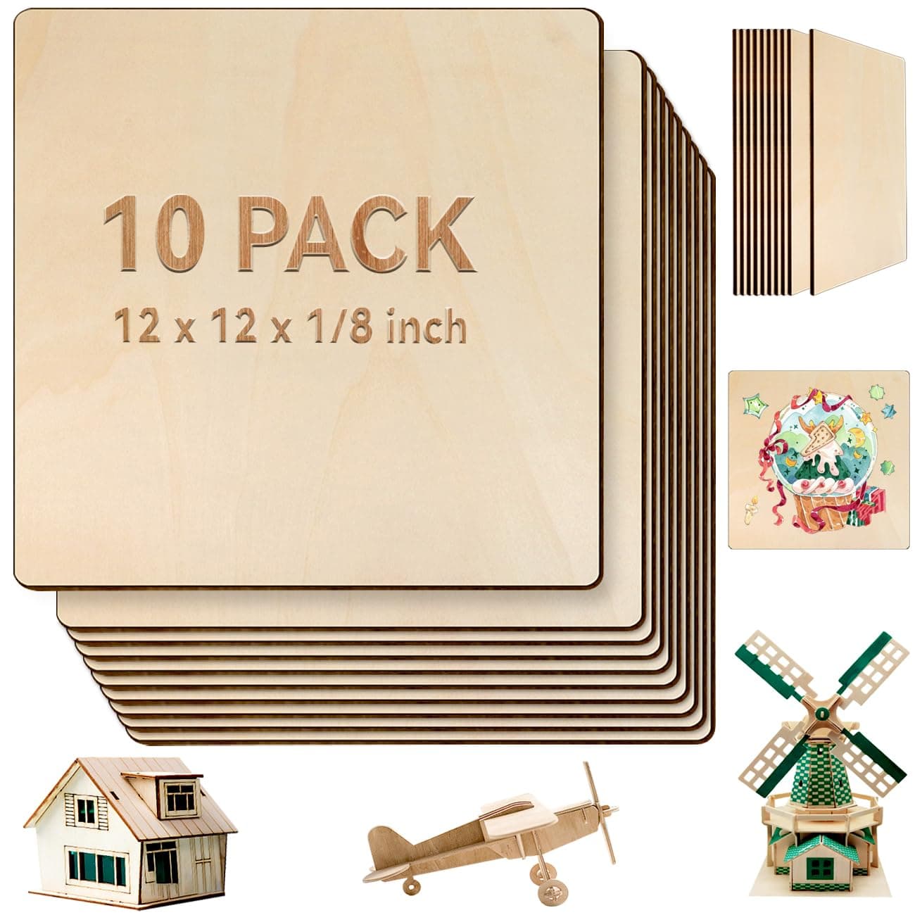 FSWCCK 10 Pack 3 MM 1/8" x 12" x 12" Craft Wood, Plywood Board Basswood Sheets, Perfect for DIY Projects, Drawing, Painting, Laser, Wood Burning, Wood Engraving and Laser Projects