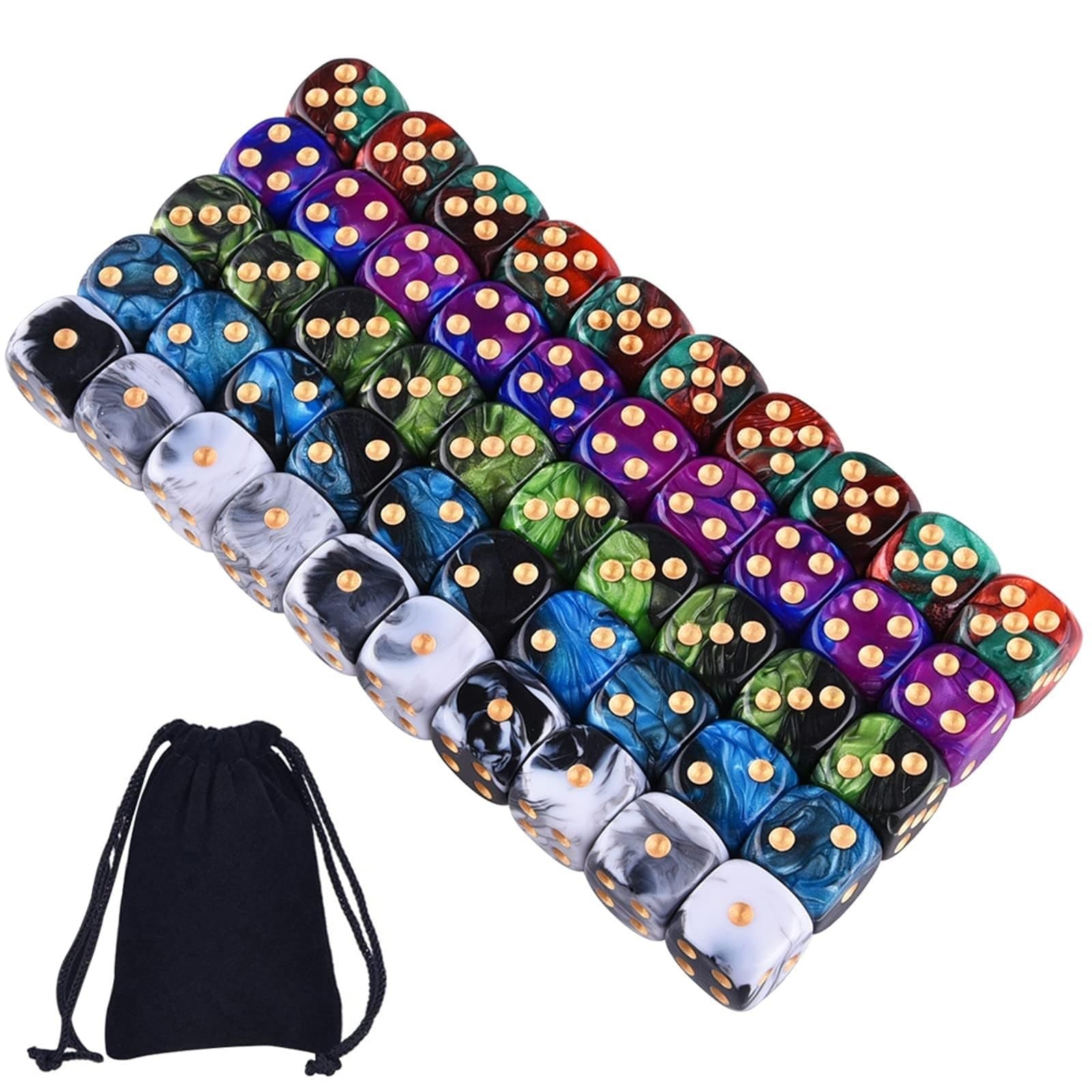 THE WHITE SHOP 50 Pieces 6 Sided Game Dice Set 5 Two Tone Colors Dice with Gold Pips Round Corner Dice for Playing Games or Teaching Math