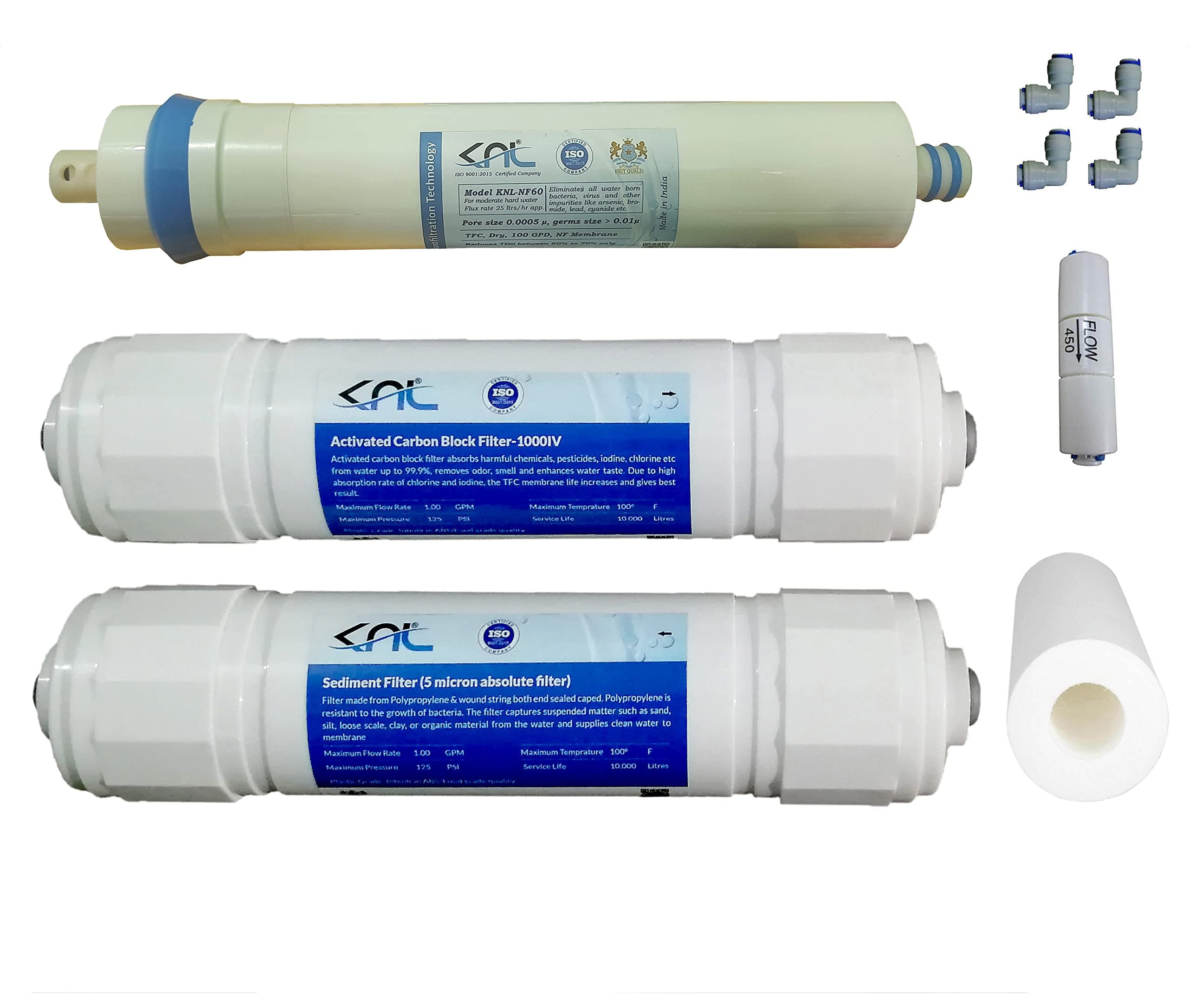 NF60 RO Service Kit NF Membrane, Reduces TDS 65%, (± 6%), TFC Dry 100 GPD, Sediment, Activated Carbon Block (Pre Carbon) cartridges, PP Spun Filter, FR and Elbows