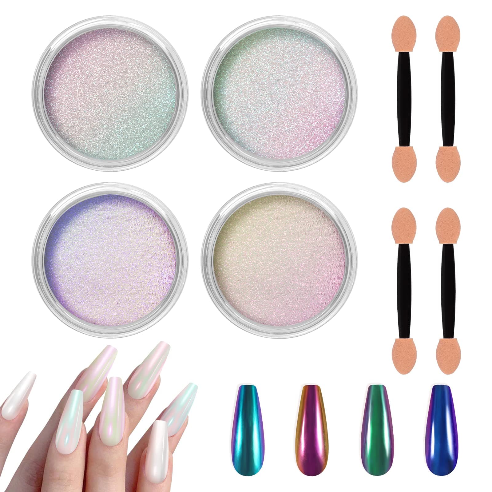 Allstarry White Chrome Nail Powder, 4 PCS Color-Shift Chameleon Chrome Effect Powder Neon Aurora Glitter Dust Iridescent Pearlescent Pearl Pigment for Gel Polish Nail Art Decoration, Resin Craft