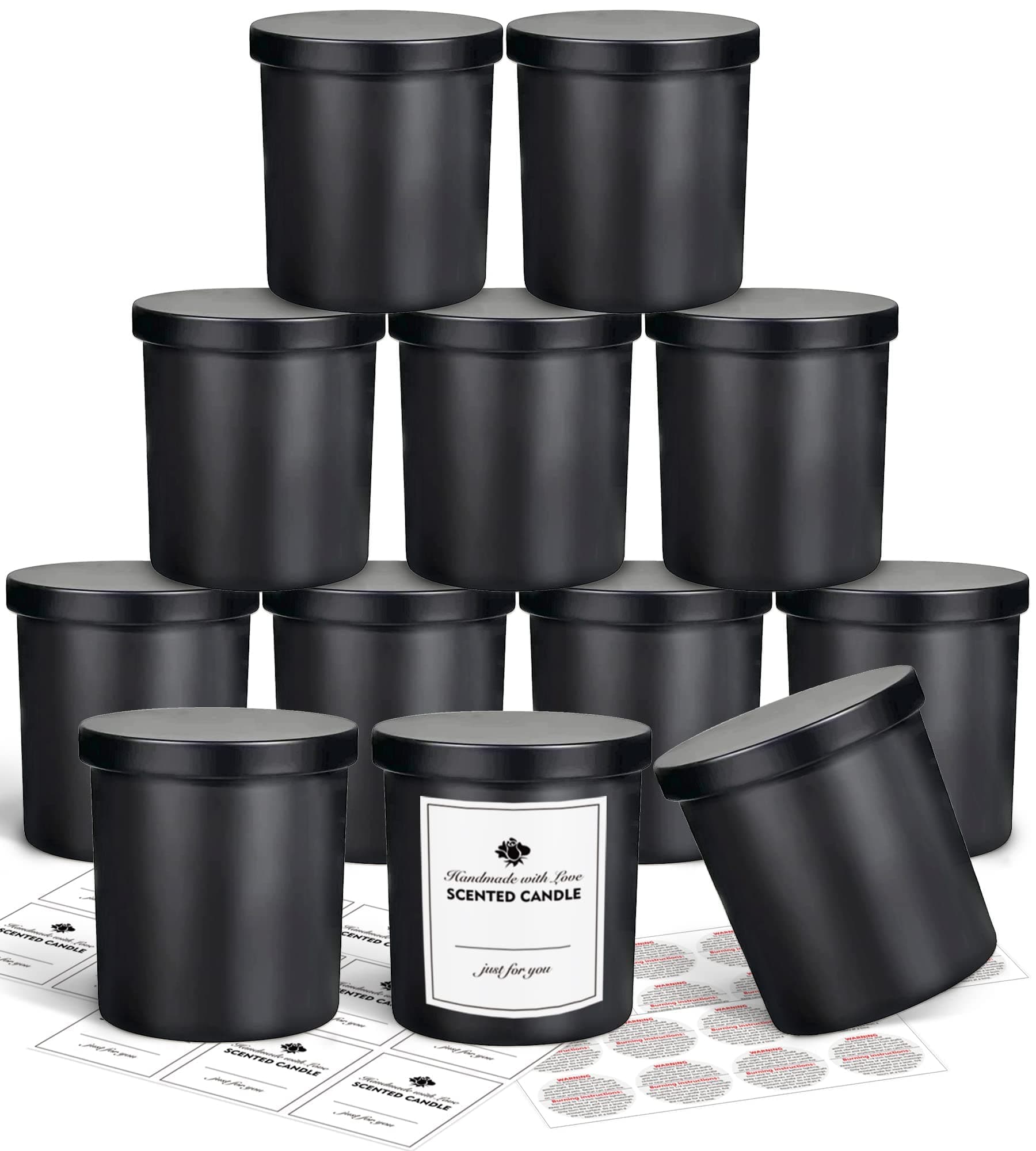 SUPMIND 12 Pack 10oz Glass Candle Jars with Lids and Sticky Labels, Empty Candle Jars for Making Candles Bulk Containers(Matte Black)