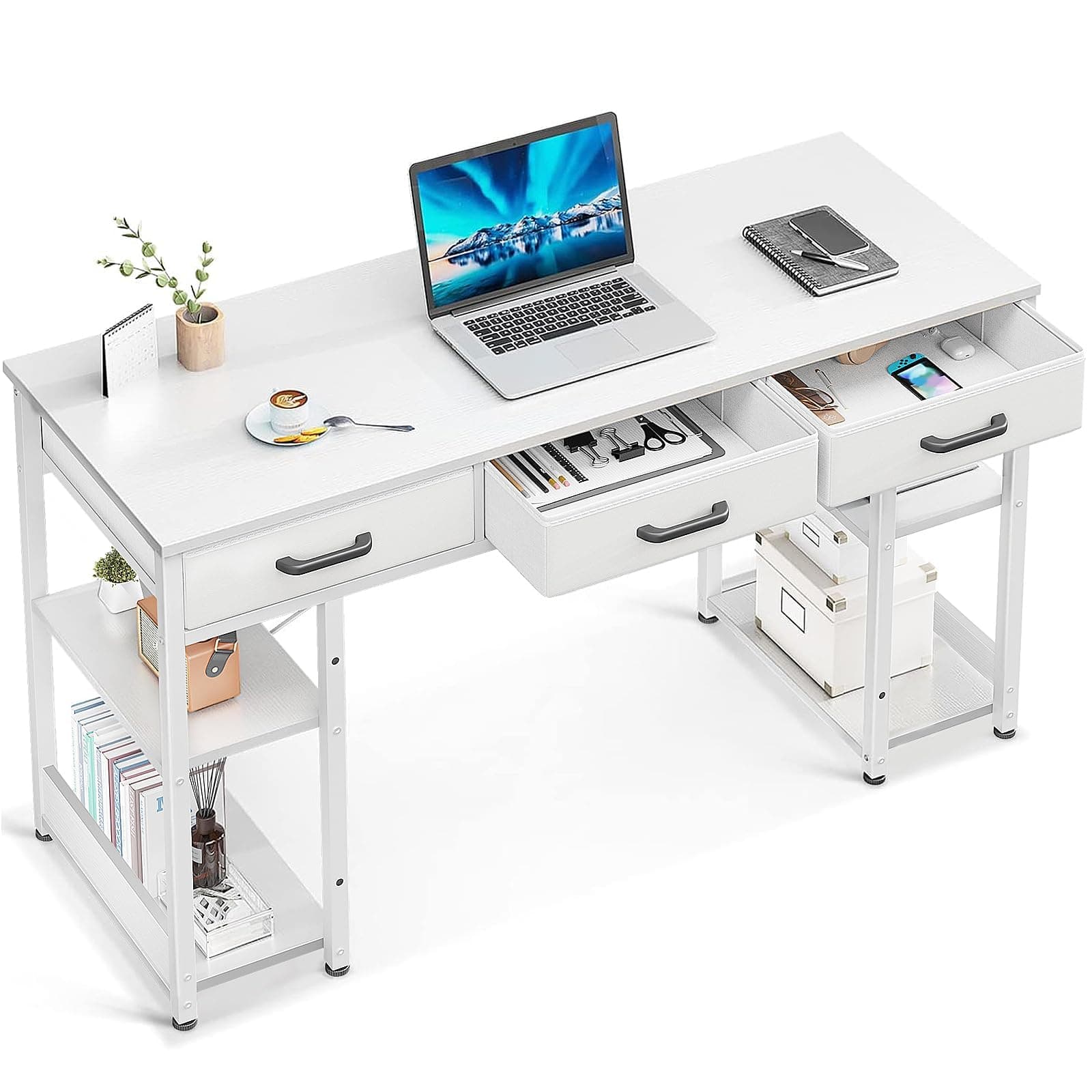 Office Small Computer Desk: Home Table with Fabric Drawers & Storage Shelves, Modern Writing Desk, White, 48"x16"