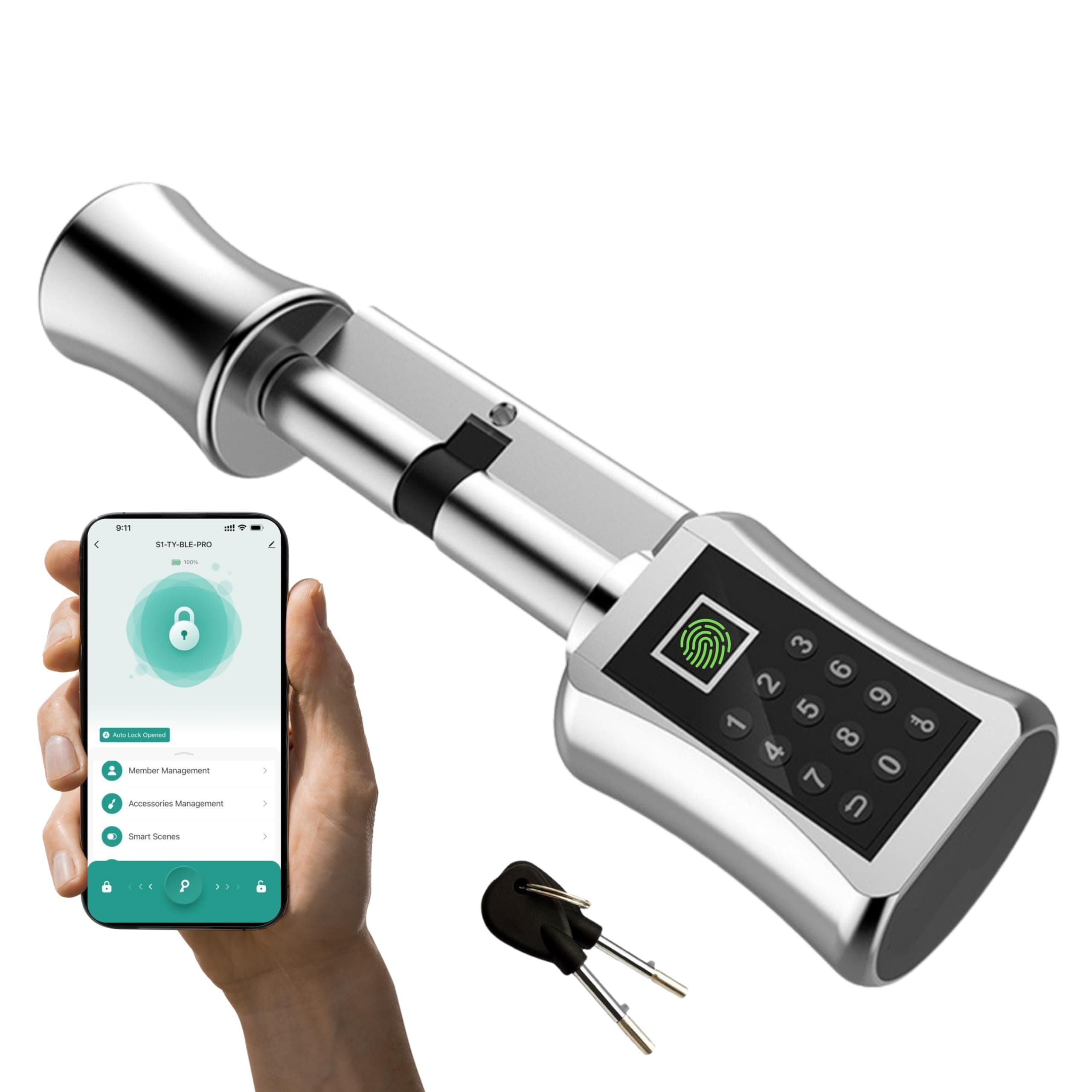 CL3 Smart Lock Cylinder | Fingerprint & Keyless Entry | Bluetooth & Keycard | Tuya App | Metal Key | Rental-Friendly | Suitable for Airbnb (80mm Silver)