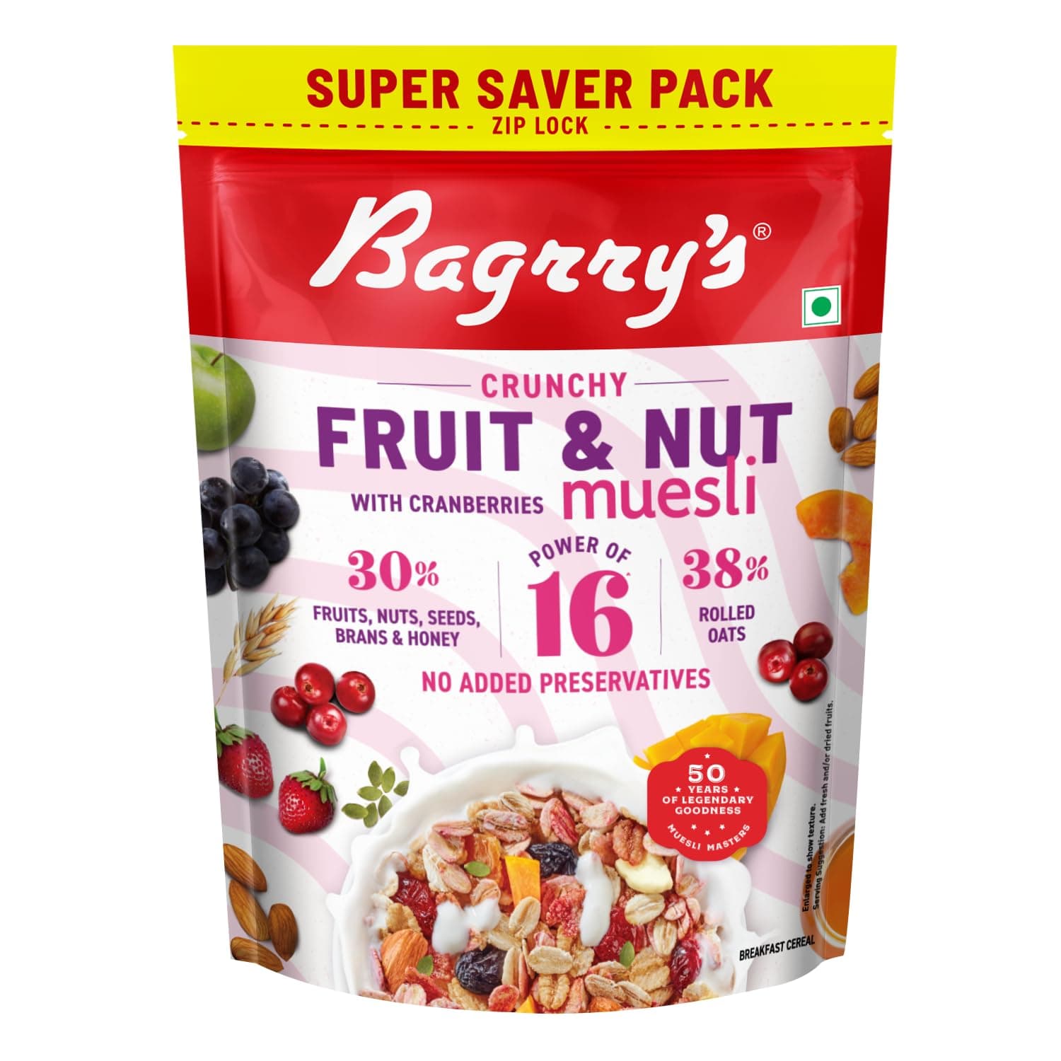 Bagrry's Crispy Cereal with 30% Fruit and Nut Cranberries 750g Bag 34% Fiber Rich Oats No Sugar Infused Fruit Real Fruit Breakfast Cereals Protein Rich Cranberry Cereal