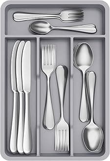 Lifewit Cutlery Drawer Organiser, Plastic Cutlery Tray for Kitchen, Utensil Flatware Silverware Holder Divider for Spoons Forks Knives Tableware, 4 Compartments, 20 x 32cm, Grey