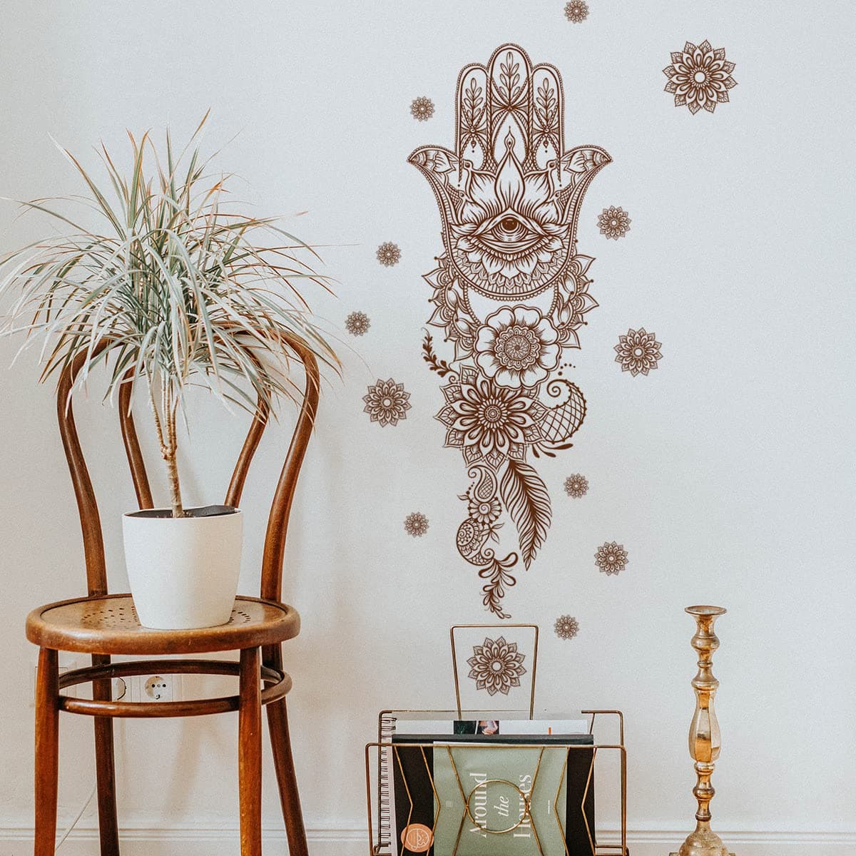 Runtoo Mandala Wall Art Decal Grey Boho Floral Hamsa Hand Zen Wall Stickers for Bedroom Living Room Yoga Home Decor