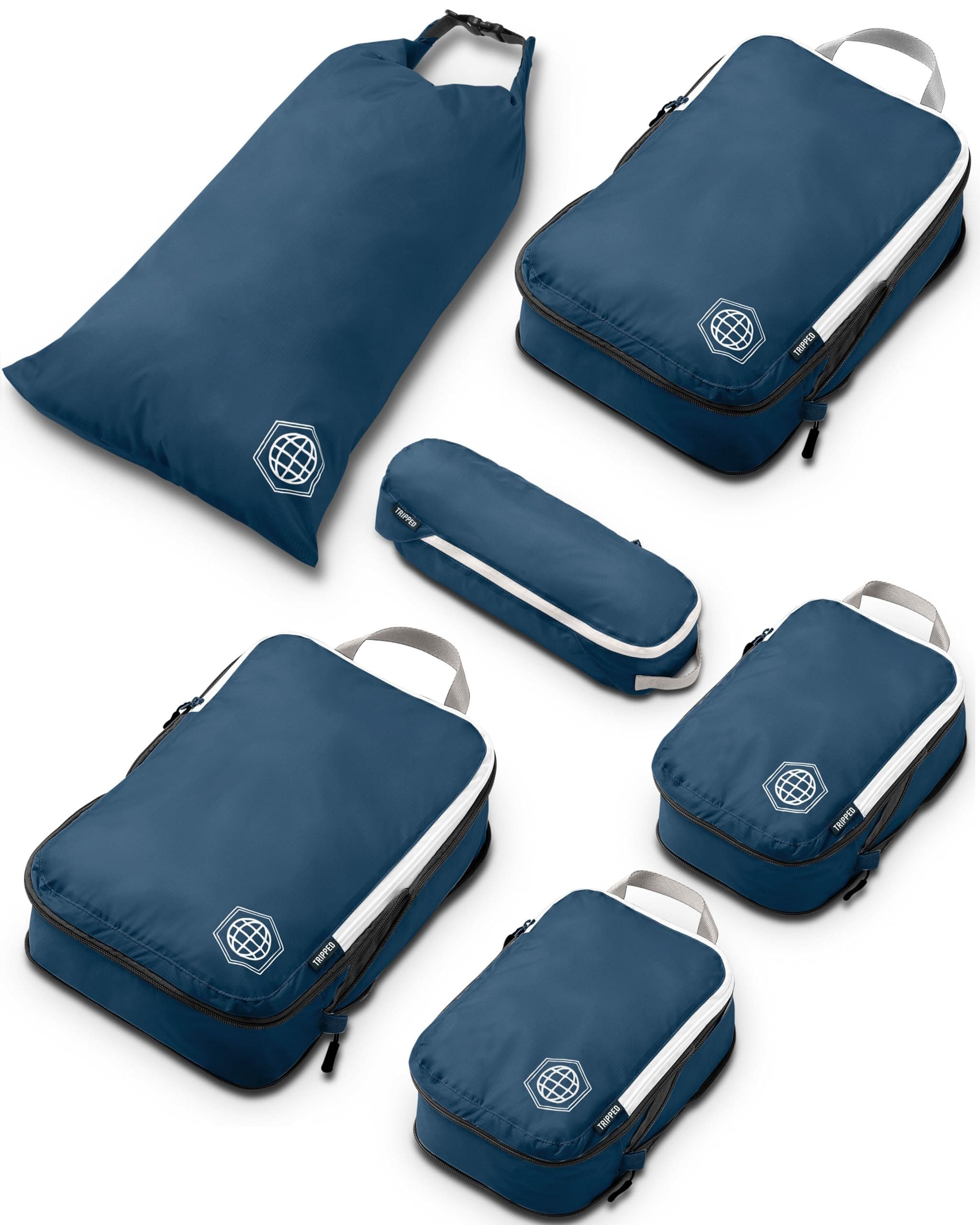 Compression Packing Cubes Set for Carryon Suitcases- Lightweight, Durable Clothes Organizer, Nautical Navy (Navy Blue and White), 6 Piece