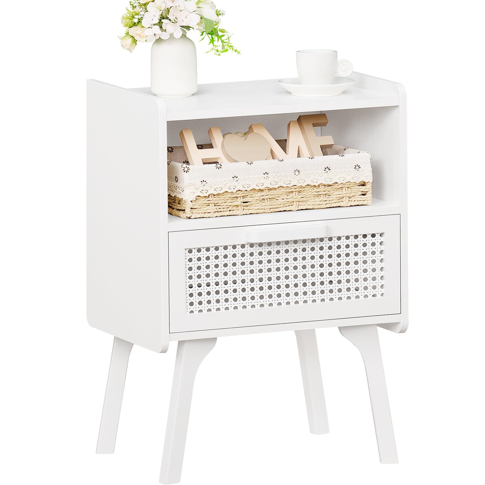 Lerliuo Rattan Nightstand, Side Table with Drawer Open Shelf, Cane Accent Bedside End Table with Solid Wood Legs, Mid Century Modern Night Stand for Bedroom, Dorm and Small Spaces (White)
