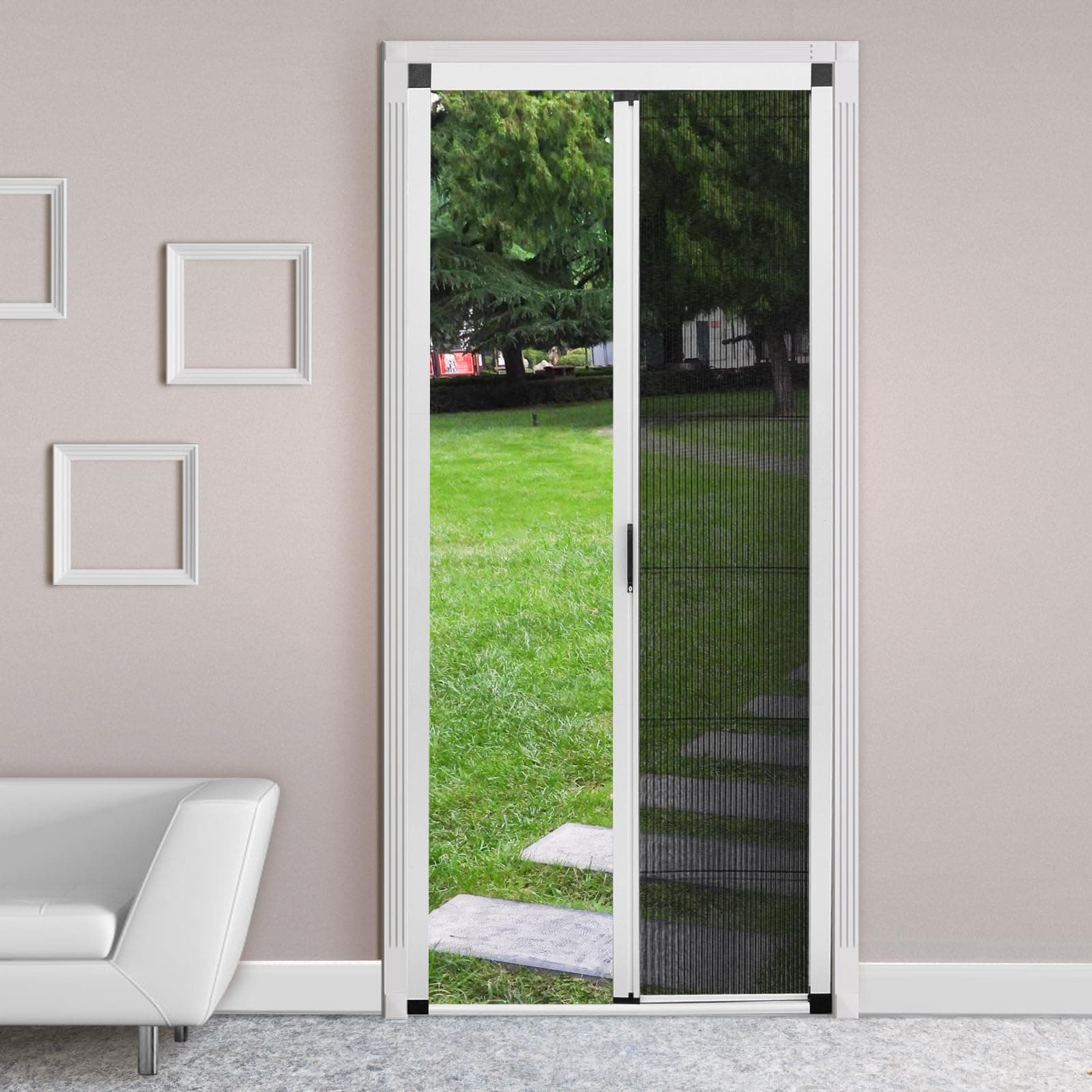 No-Drilling Retractable Screen Door, Folding Door with Aluminum Frame and Durable Mesh, Keeps Bugs Out, for Single or Double Door Customize Size(White