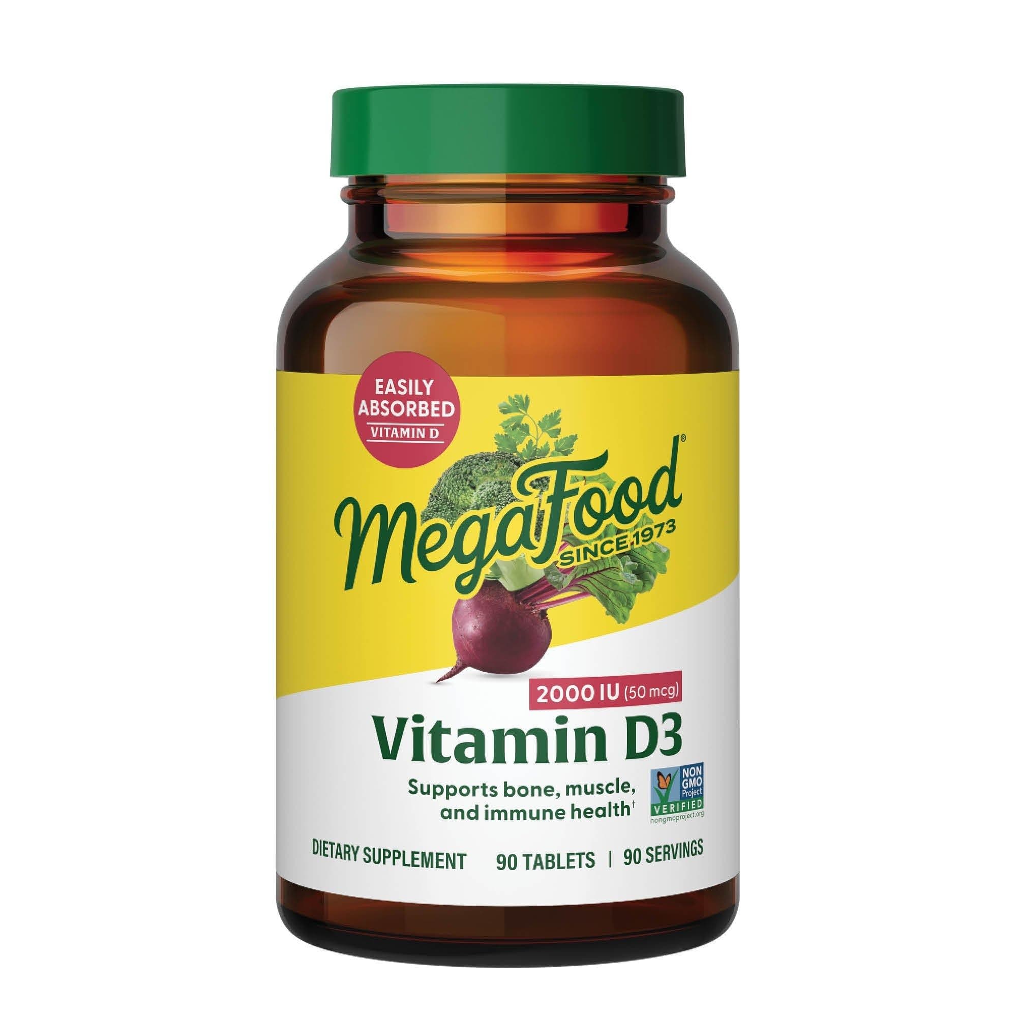 MegaFood Vitamin D3 2000 IU (50 mcg) - Immune Support Supplement - Bone Health -with easily-absorbed Vitamin D3 - Plus real food - Non-GMO, Vegetarian - Made Without 9 Food Allergens - 90 Tabs