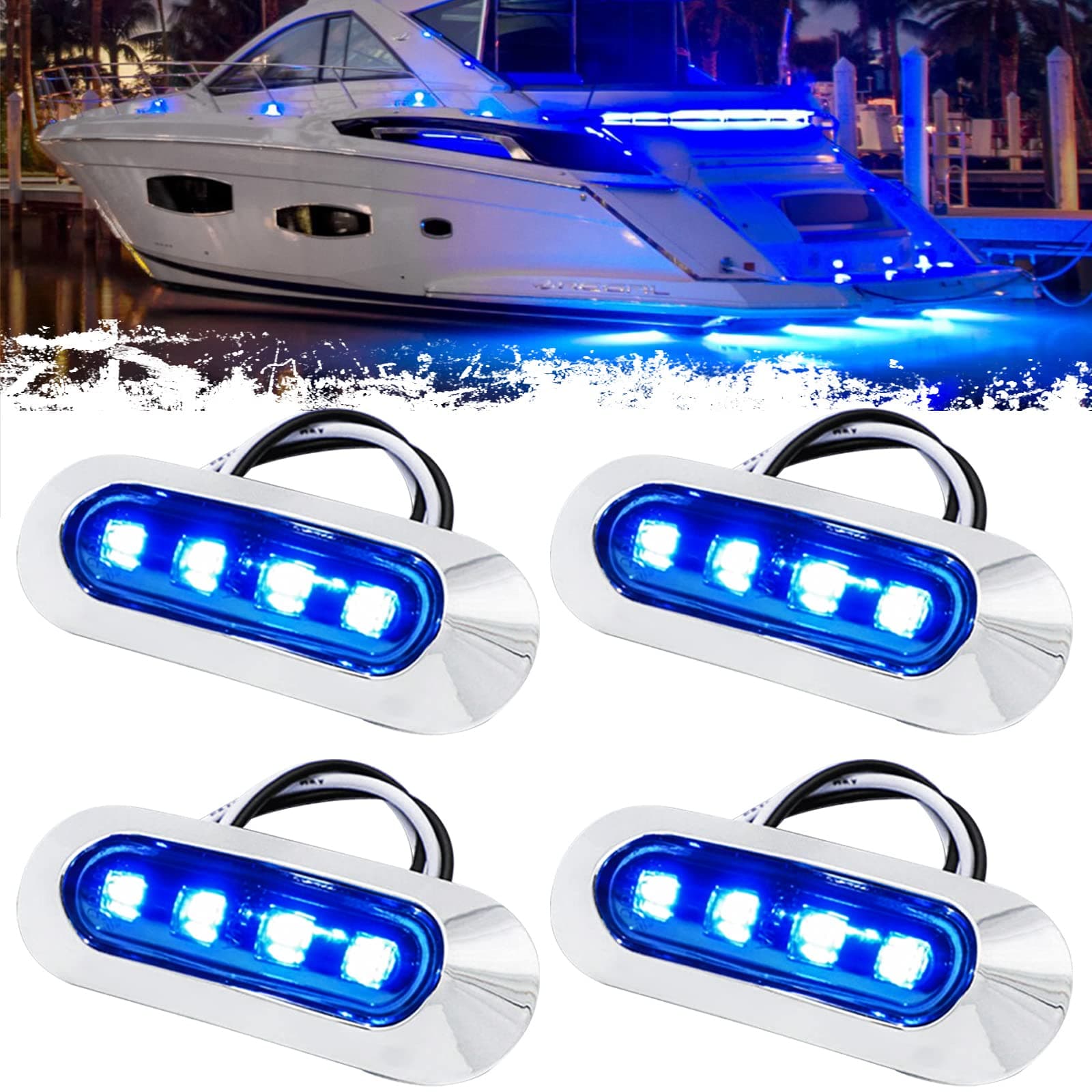 PSEQT 3.8'' Waterproof Boat Marine LED Lights Courtesy Interior Deck Light Navigation Transom Stern Cabin Lighting for Pontoon Fishing Boat Kayak Sailboat Bass Boat Vessel 12V 24V (Blue 4Pcs)