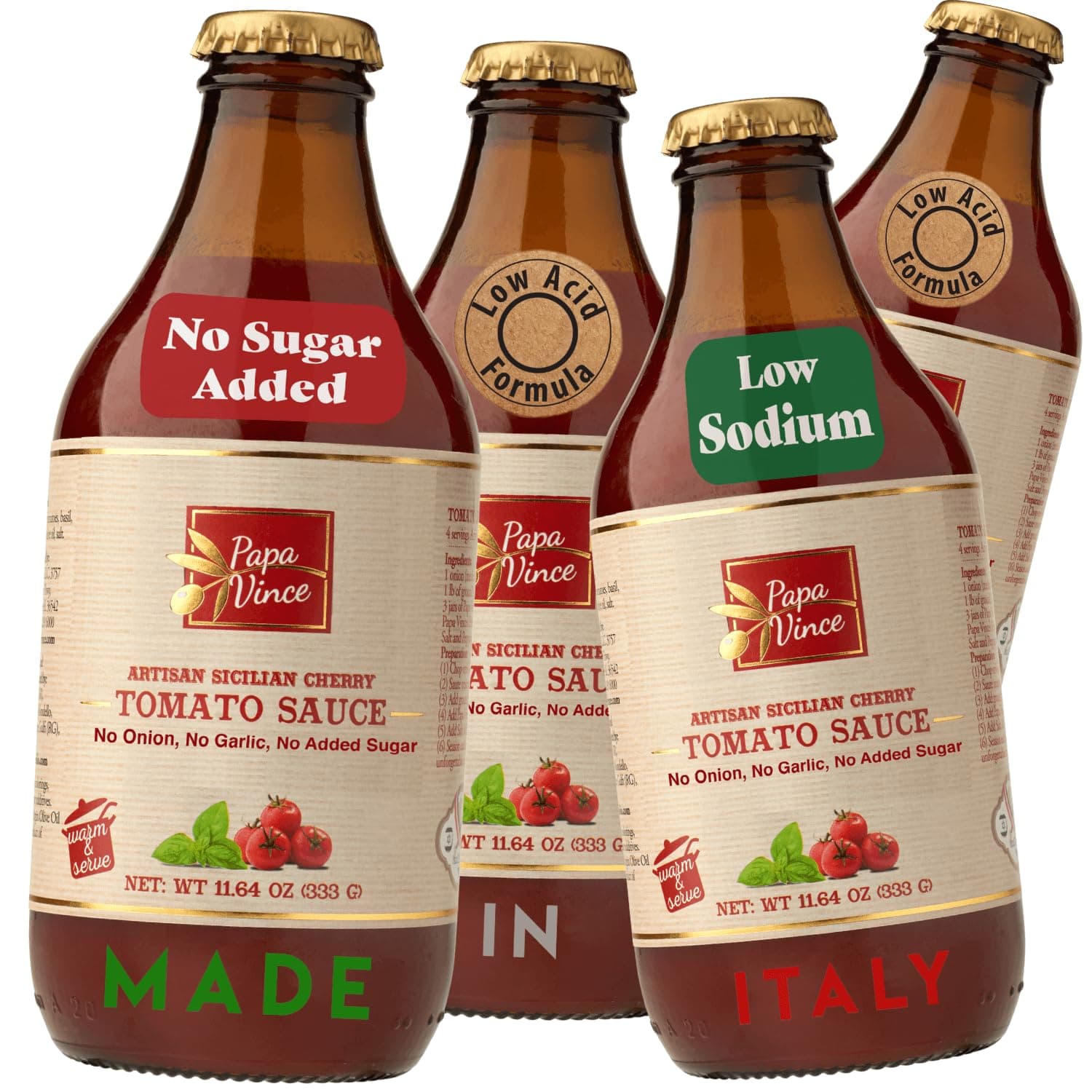 4 Bottles - Sicilian Cherry Tomato Sauce - Sun-ripened, Hand-Picked Cherry Tomatoes Picked at Perfect Ripeness - Naturally Sweet - No Added sweeteners - Naturally Low Acidity