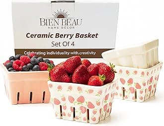 Ceramic Berry Basket, Farmhouse Colander, Strawberry Decor, Fruit Bowls, Fruit Baskets, Kawaii Strawberry Kitchen bowl, Pink White and Cute Strawberry pattern Stoneware Harvest Square Bowls Set of 4