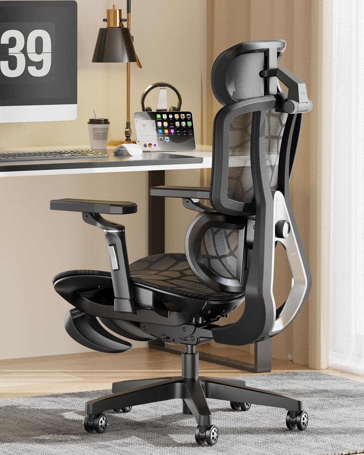 AutoFull G5 Ergonomic Office Chair with 6D Lumbar Support, 360° Adjustable Armrest, Reclining Computer Mesh Chair with Footrest, Sliver