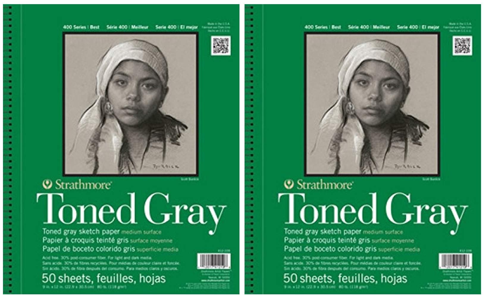 2-Pack - Strathmore 412-109 400 Series Toned Gray Sketch Pad, 9"x12" Wire Bound, 50 Sheets Each