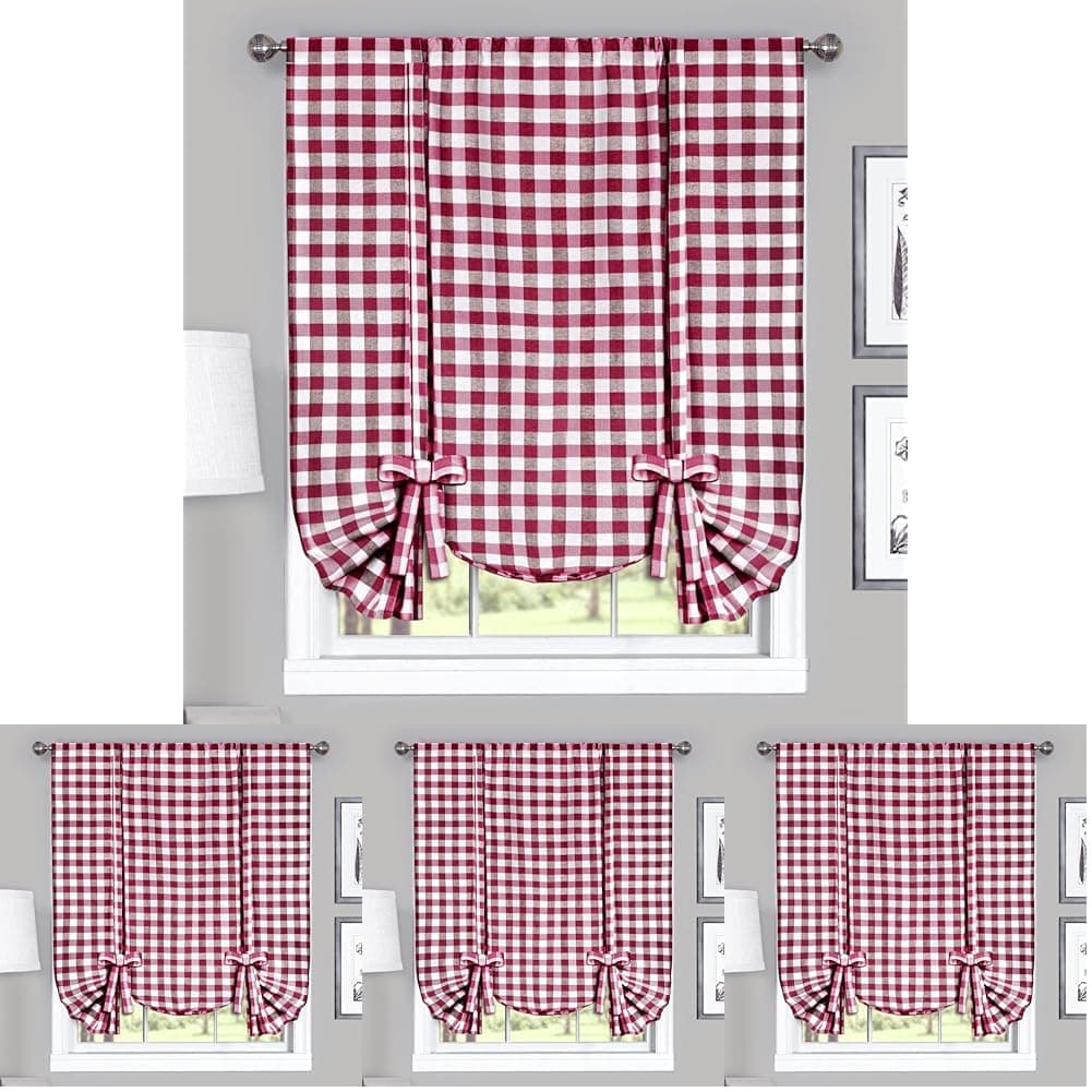 Buffalo Check Tieup Window Curtain - 42 Inch Width, 63 Inch Length - Burgundy & Ivory Plaid - Light Filtering Farmhouse Country Drapes for Bedroom Living & Dining Room by Achim Home Decor (Pack of 4)