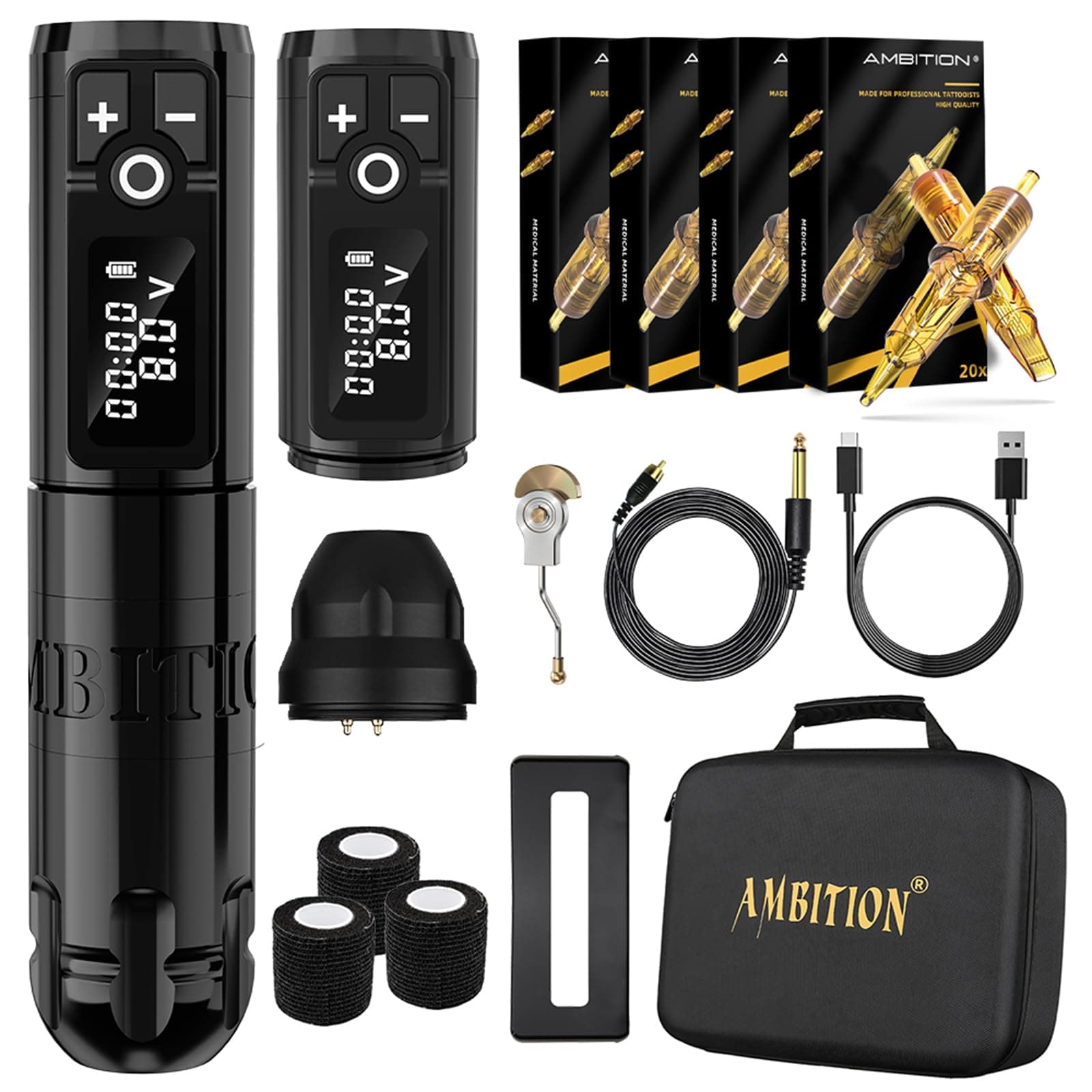 Ambition Soldier Wireless Tattoo Machine Kit Complete Rotary Coreless Motor Tattoo Pen Kit with Extra 2400mAh Battery 80pcs Glory Mixed Size Cartridge Needles Supply for Tattoo Artist (Polish Black)