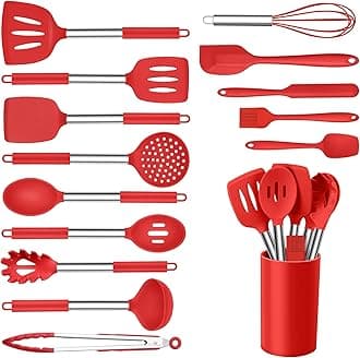 Onader 15 Pcs Silicone Cooking Utensils Set, Red Kitchen Utensils Spatula Set with Holder, Large Kitchen Gadgets Tools for Nonstick Cookware