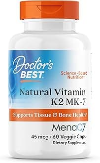 Doctor's Best Natural Vitamin K2 MK7 Supplement for Men & Women - Bone Health Support, 45 mcg Vitamin K-2 MK-7 Capsules with MenaQ7, Calcium Support, Non GMO, Vegan - 60 Veg Caps