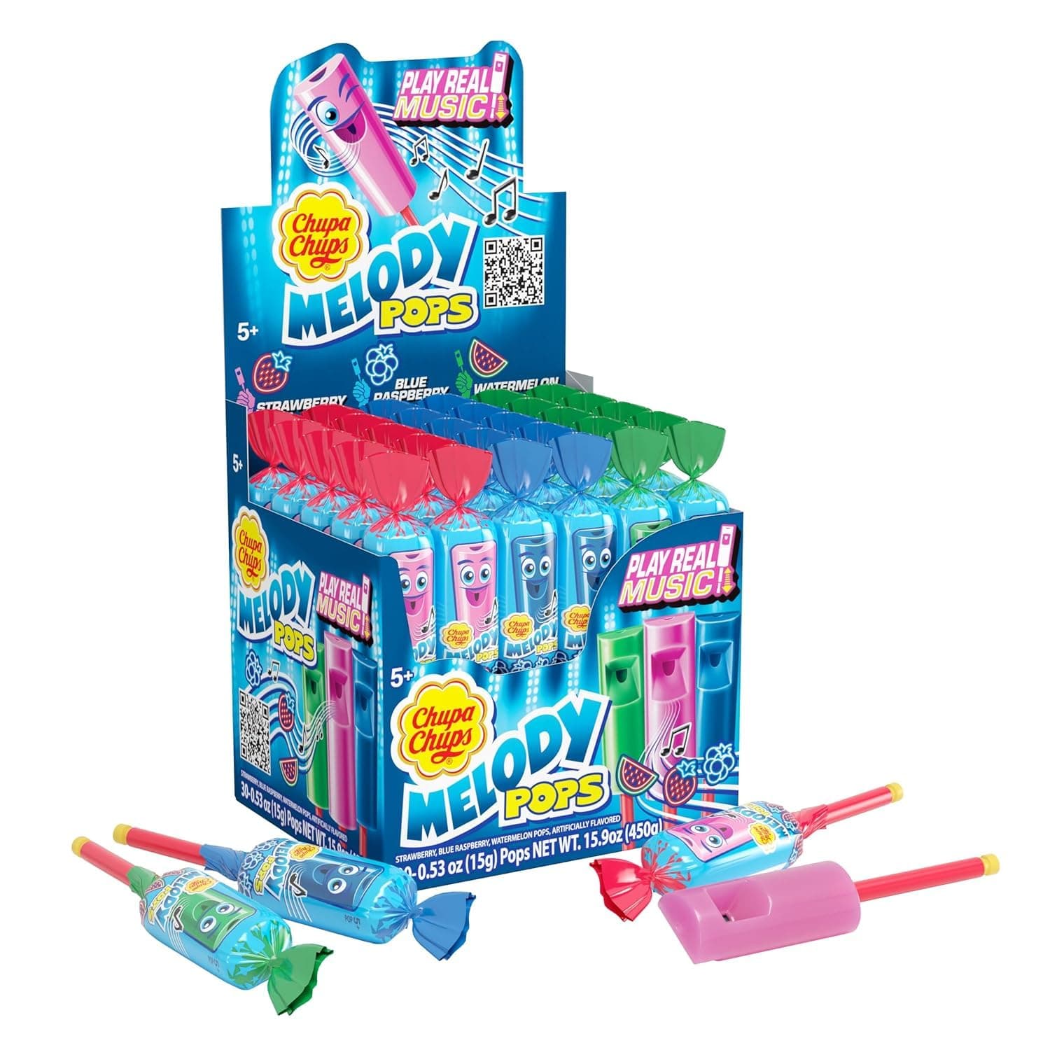 Chupa Chups Melody Pop, Assorted Flavors, Whistle Lollipops, Individually Wrapped Candy, 30 Count Showbox Case, 450 Grams