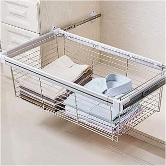 Wardrobe Pull-out Basket Cabinet Drain Storage Basket, Steel Wardrobe Rail Hanger, can Be Used for Clothes Sorting and Folding Storage (Color : Silver, Size : 664-714mm)