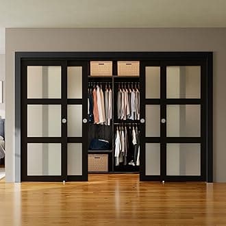 SMARTSTANDARD Bypass Sliding Closet Doors 120x80 in (Double 60in) for Bedroom, 3-Lite Frosted Glass Bypass Door with Hardware Kit Included, Preassembled Door Panel, Water-Proof PVC Surface, Black
