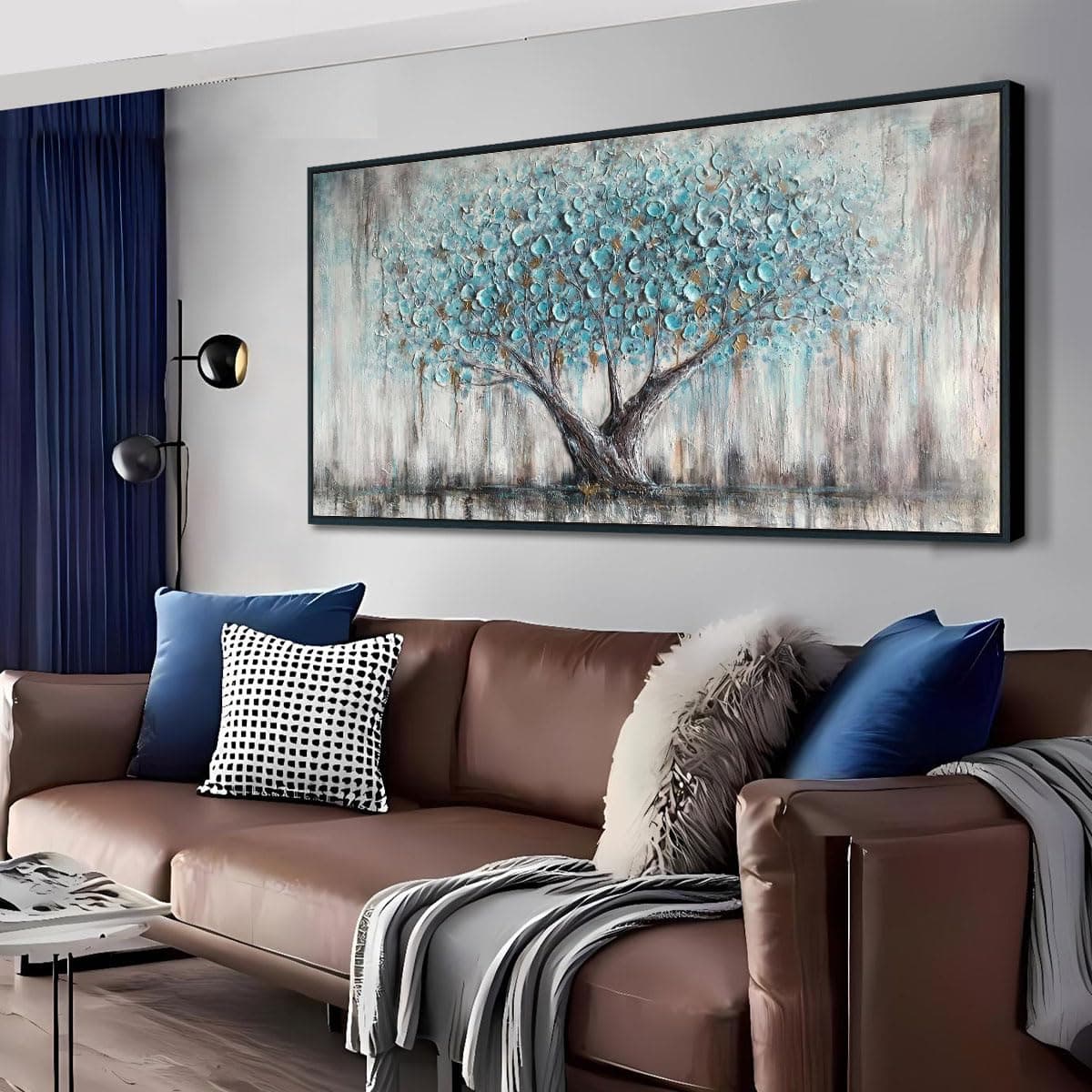 Arjun Framed Blue Tree Canvas Wall Art for Living Room Tree of Life Abstract Bedroom Textured Painting, Nature Picture Panoramic Landscape Artwork Home Office Decor, Black Wood Large 48"x24"