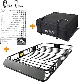 Leader Accessories Roof Rack Cargo Basket Set, Cargo Carrier Bag 15 Cubic Feet Capacity with Car Top Luggage Holder Adjustable Length 43/64 inches Cargo Net 3' x 4' for SUV, Van, Sedan,Jeep