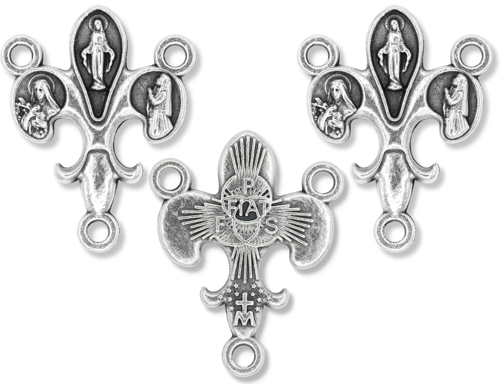 Fleur-De-Lis Mary Rosary Connector Centerpiece - 1" Silver Oxidized Unique Catholic Center Pieces for Rosary Making Supplies, Made in Italy