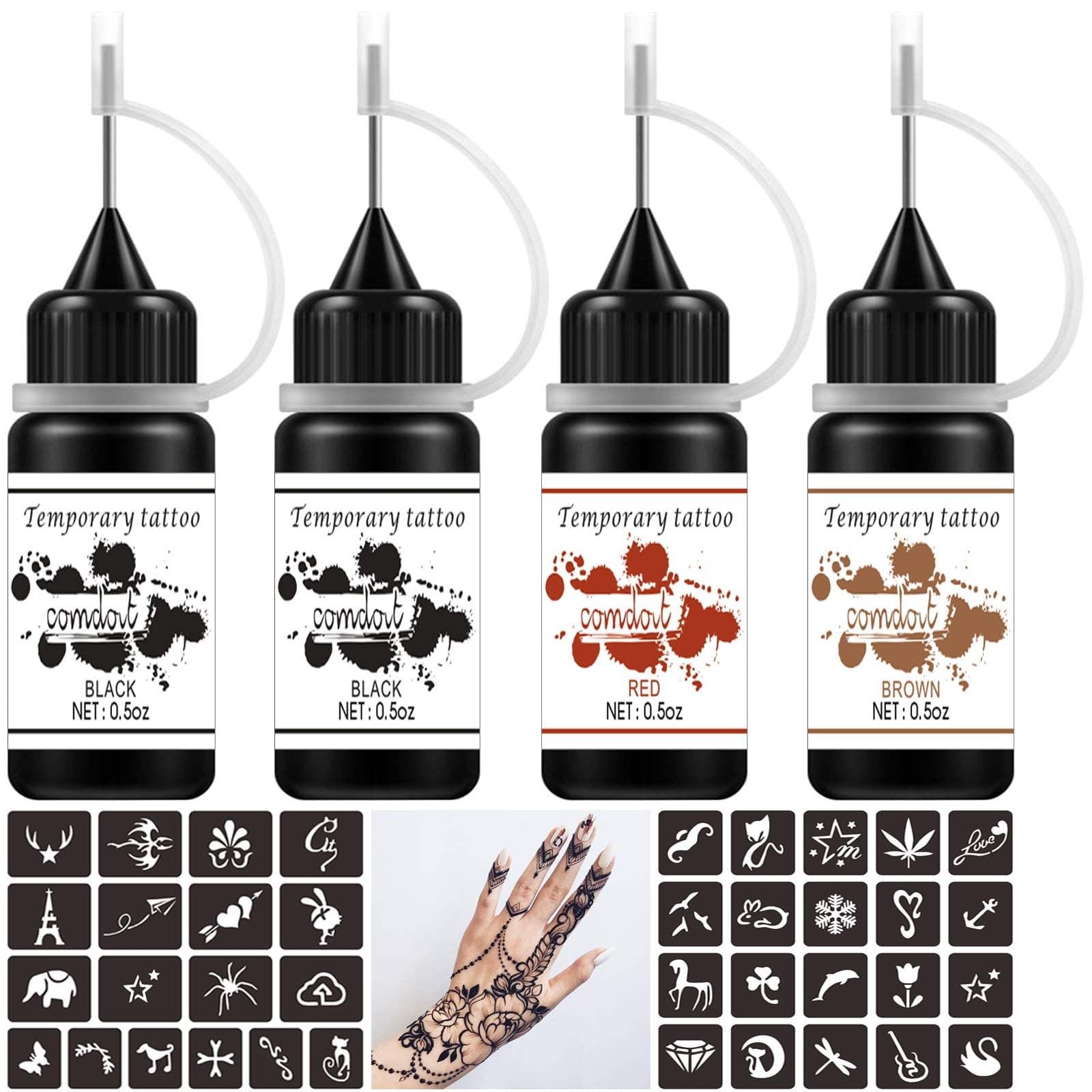 Temporary Tattoos Kit, Semi Permanent Tattoos, 42 Pcs Tattoos Stencils, Temp Tattoos for Women, Kids, Men, Body Art Markers (Black/Red/Brown, Waterproof)