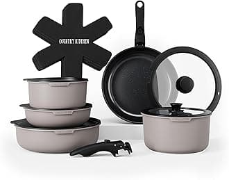 16 Piece Pots and Pans Set - Safe Nonstick Kitchen Cookware with Soft Touch Removable Handle, RV Cookware Set, Oven Safe (Grey)