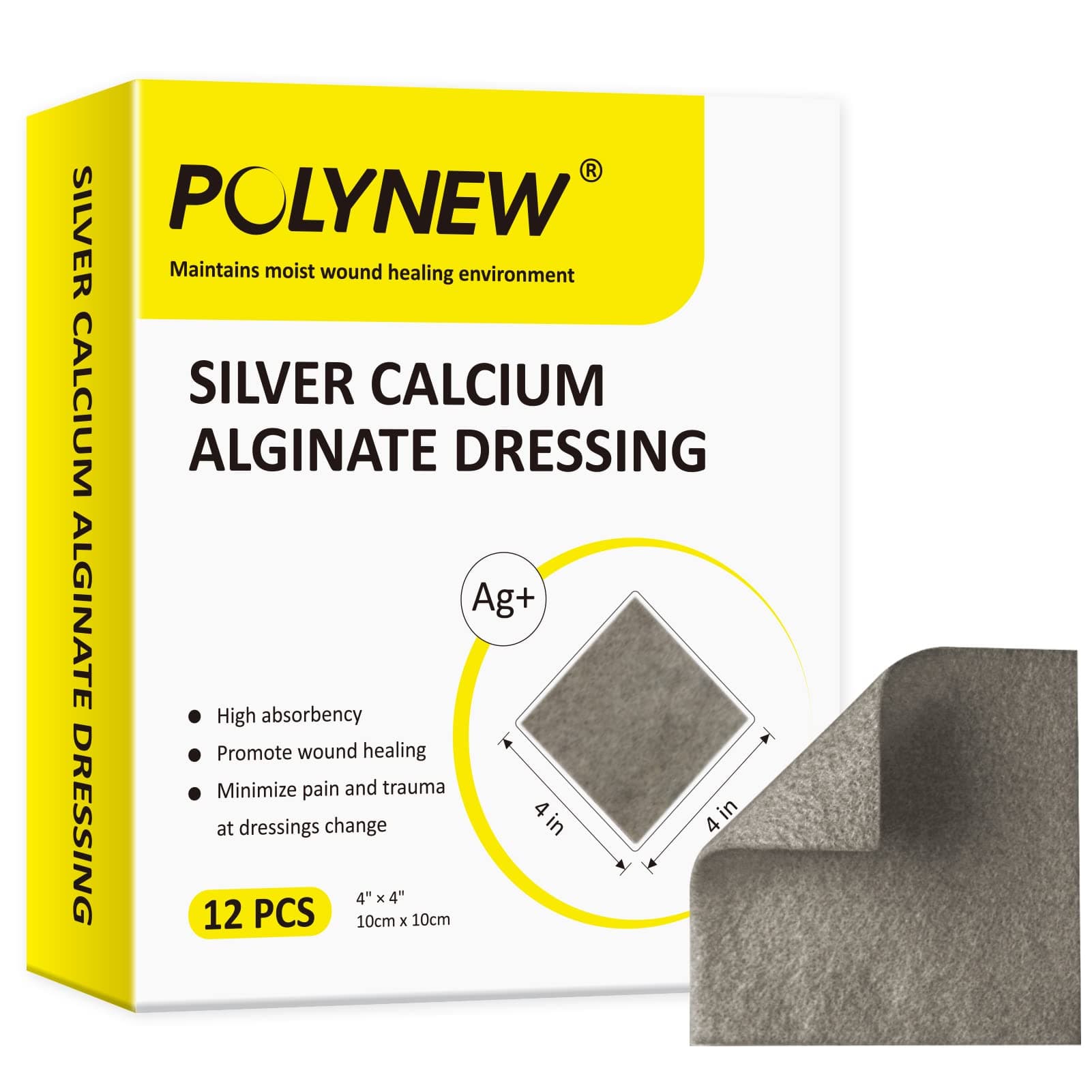 Silver Calcium Alginate Dressing, 4"x4"-12 Individual Pack, Highly Absorbent Ag Alginate Wound Bandage, Non-Adhesive Wound Dressing for Bed Sore, Pressure Sore, Leg Ulcer Wound Health