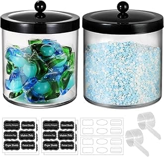 2 Pack 50 Oz Large Plastic Apothecary Jar with Black Stainless Steel Lid - Shatterproof Laundry Pods Container - Modern Industrial Bathroom & Kitchen Storage Organizer for Scent Beads, Bath Bombs