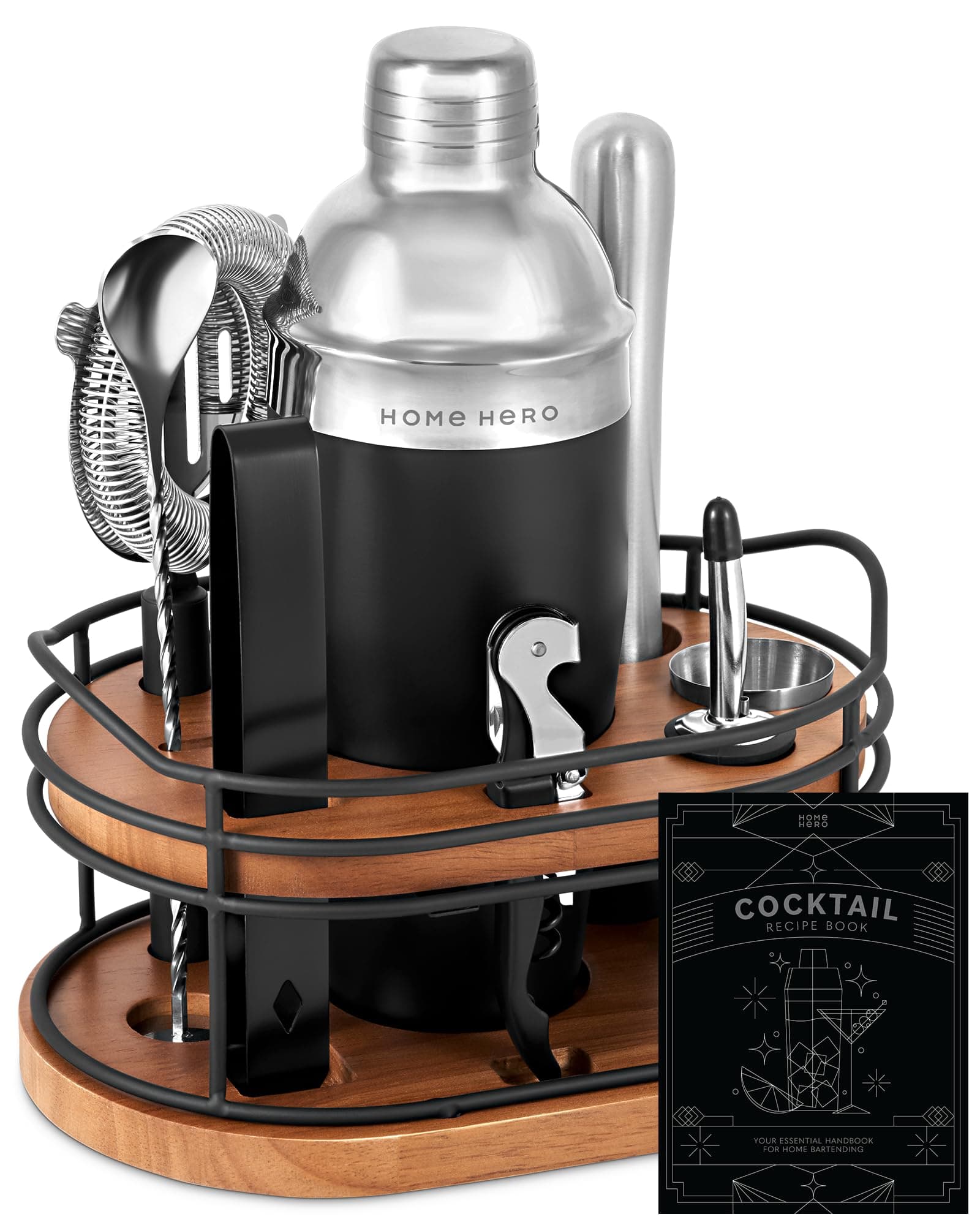 Home Hero Elegant Bartender Kit with Wooden Stand, Premium Bar Set & Cocktail Shaker, Gift for Home Bar and Cocktail Enthusiasts, Essential Bar Accessories with Recipe Book (10 Pcs - Silver)