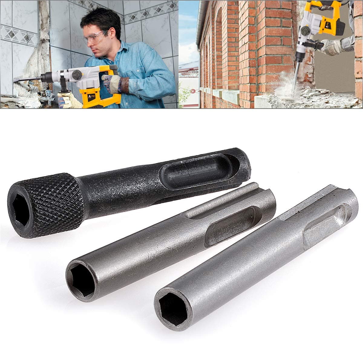 3pcs Magnetic SDS Hexagon Socket to 60mm 1/4 Inch Hex Shank Drill Bit Holder Converter Socket Nut Impact Driver Drill Hammer Bit Adapter Set Conversion Tool