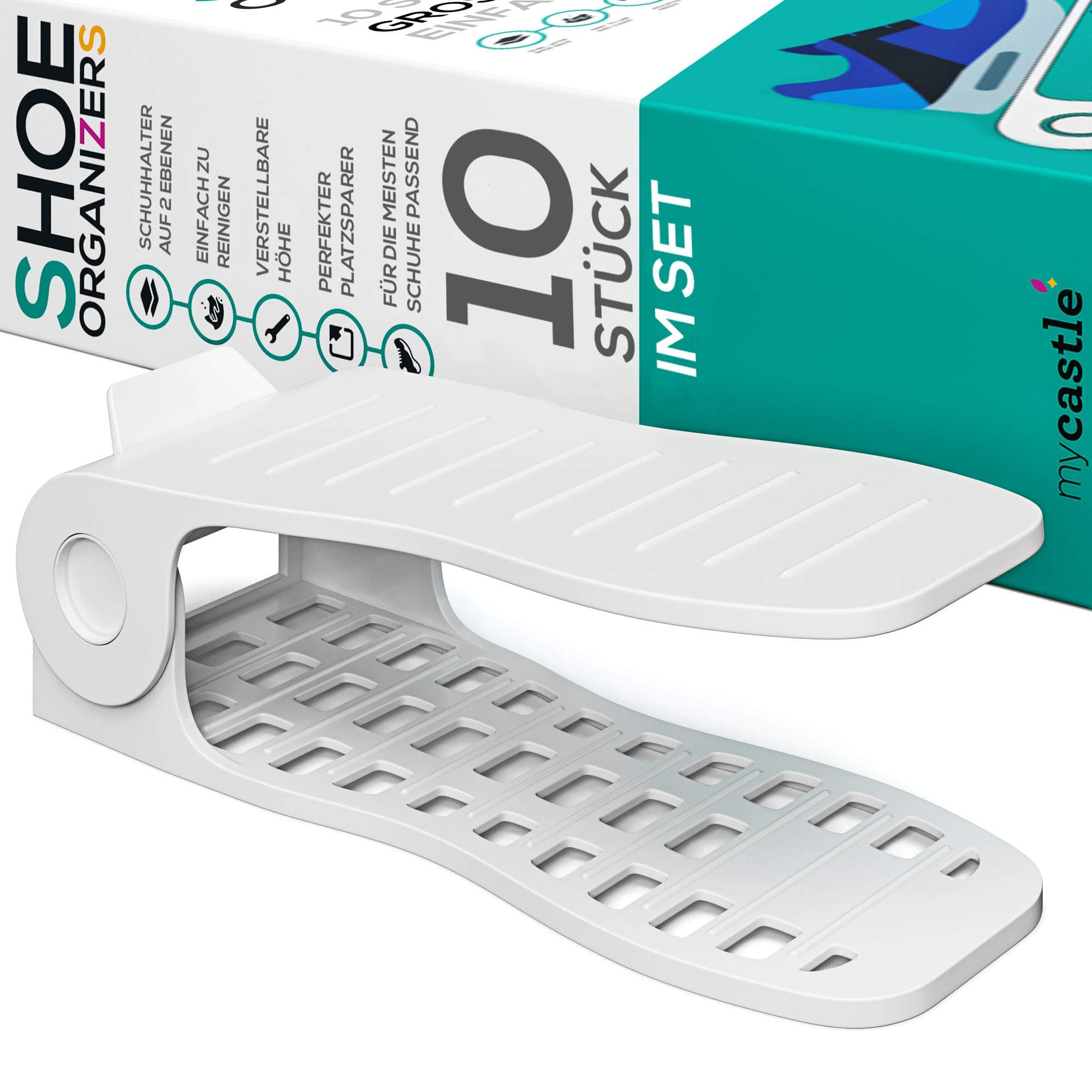 MYCASTLE 10-Pack Stacker Double Rack Storage with Extra-Thick Perfectly Balanced Organizer Slot, The Ultimate Shoe Space Saver for High Heels & Shoes, White