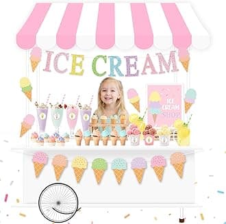 Ice Cream Party Stand Decor Kit, Summer Sundae Playstand Play Shop ICE CREAM Banner Waterproof Canopy Table Sign Cups Tag Stickers, DIY Ice Cream Themed Party Shop Cart, Girls Boys Role Play