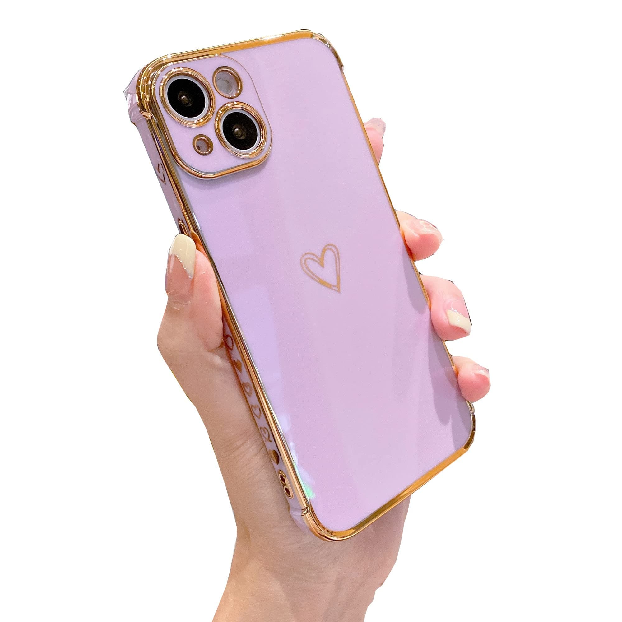 Tzomsze Cute Case Compatible with iPhone 14 6.1-Inch, Soft TPU Edge Bumper Luxury Heart Pattern Plating Case Cover, Individual Protection for Each Lens & Shockproof Reinforced Corners Case, Purple