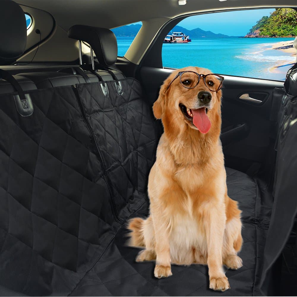 2-in-1 Dog Car Seat Cover, Front or Back Pet Seat Cover with 2 Piece Zipper - Waterproof, Hammock, Non-Slip and Machine Washable, Bonus Cleaning Roller, Fits for Cars and SUVs (58" L × 54" W, Black)