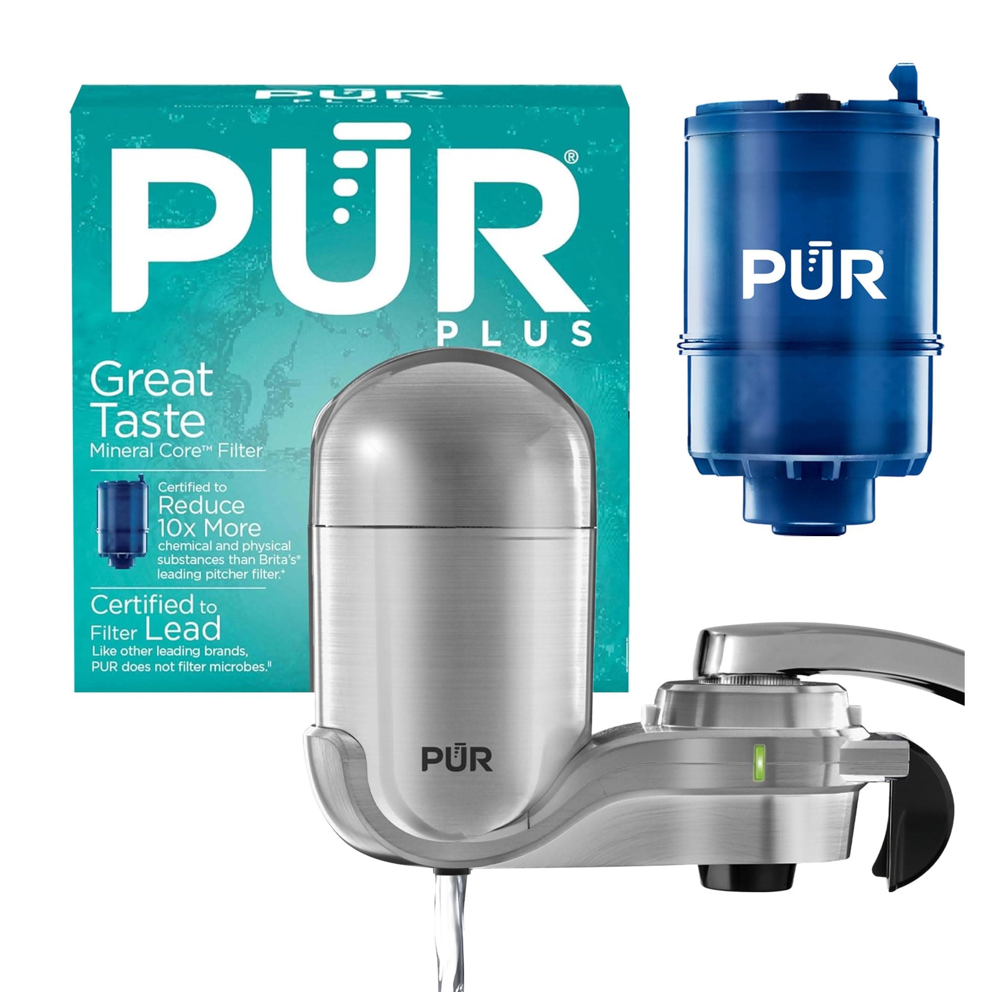 PLUS Vertical Faucet Mount Water Filtration System with 3-in-1 Lead Reducing Filter for Great-Tasting Filtered Tap Water, Lasts 100 Gallons, Fits Most Kitchen or Bathroom Faucets, Stainless Steel