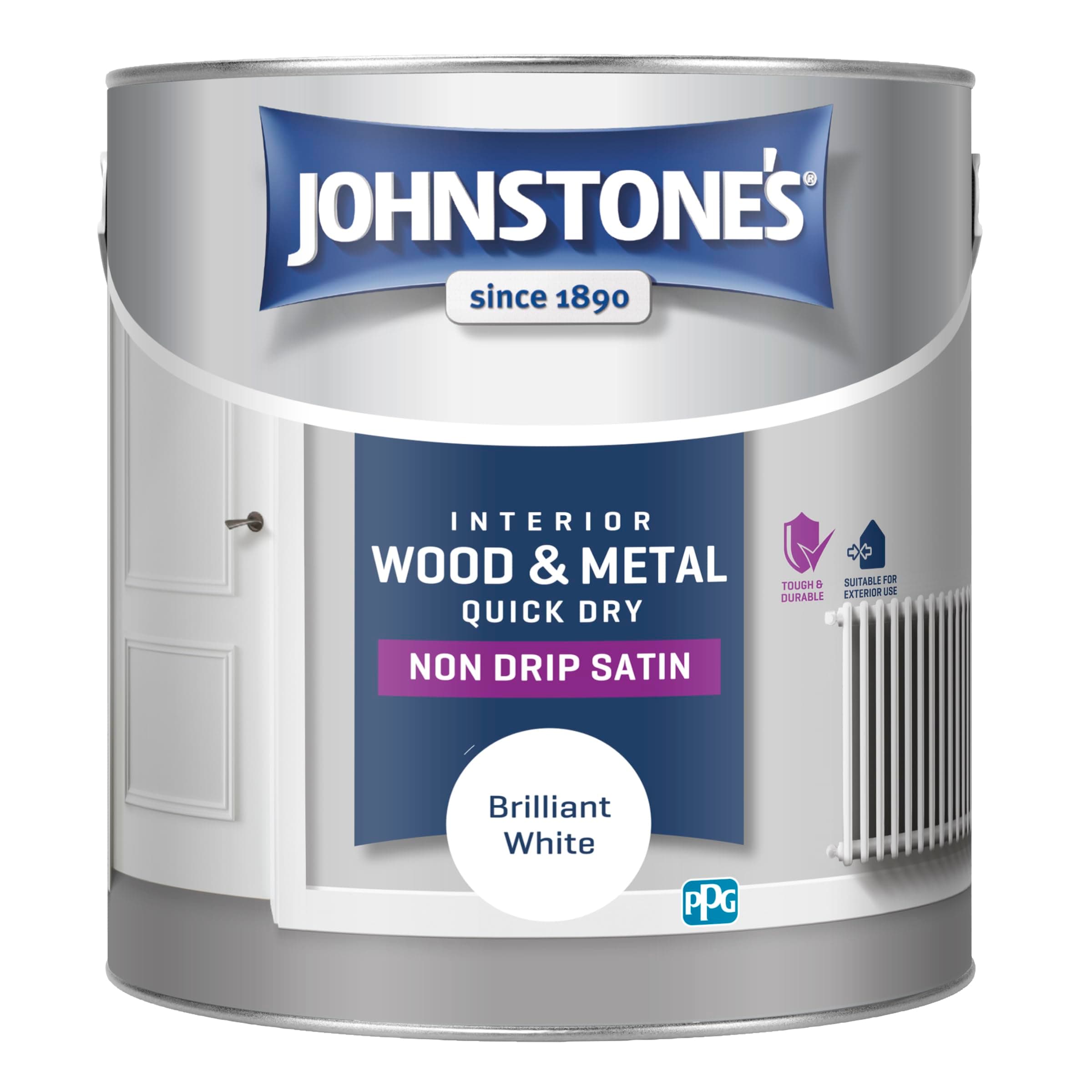 Johnstone's - Quick Dry Satin - Brilliant White - Satin Finish - Water Based - Interior Wood & Metal - Radiator Paint - Low Odour - Dry in 1-2 Hours - 12m2 Coverage per Litre - 2.5 L
