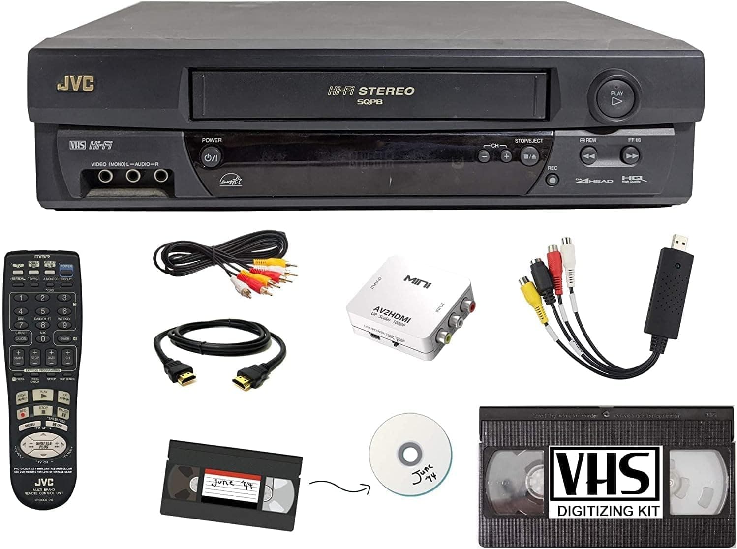 JVC VCR VHS Transfer w/Remote, USB Adapter, HDMI Converter (Renewed)