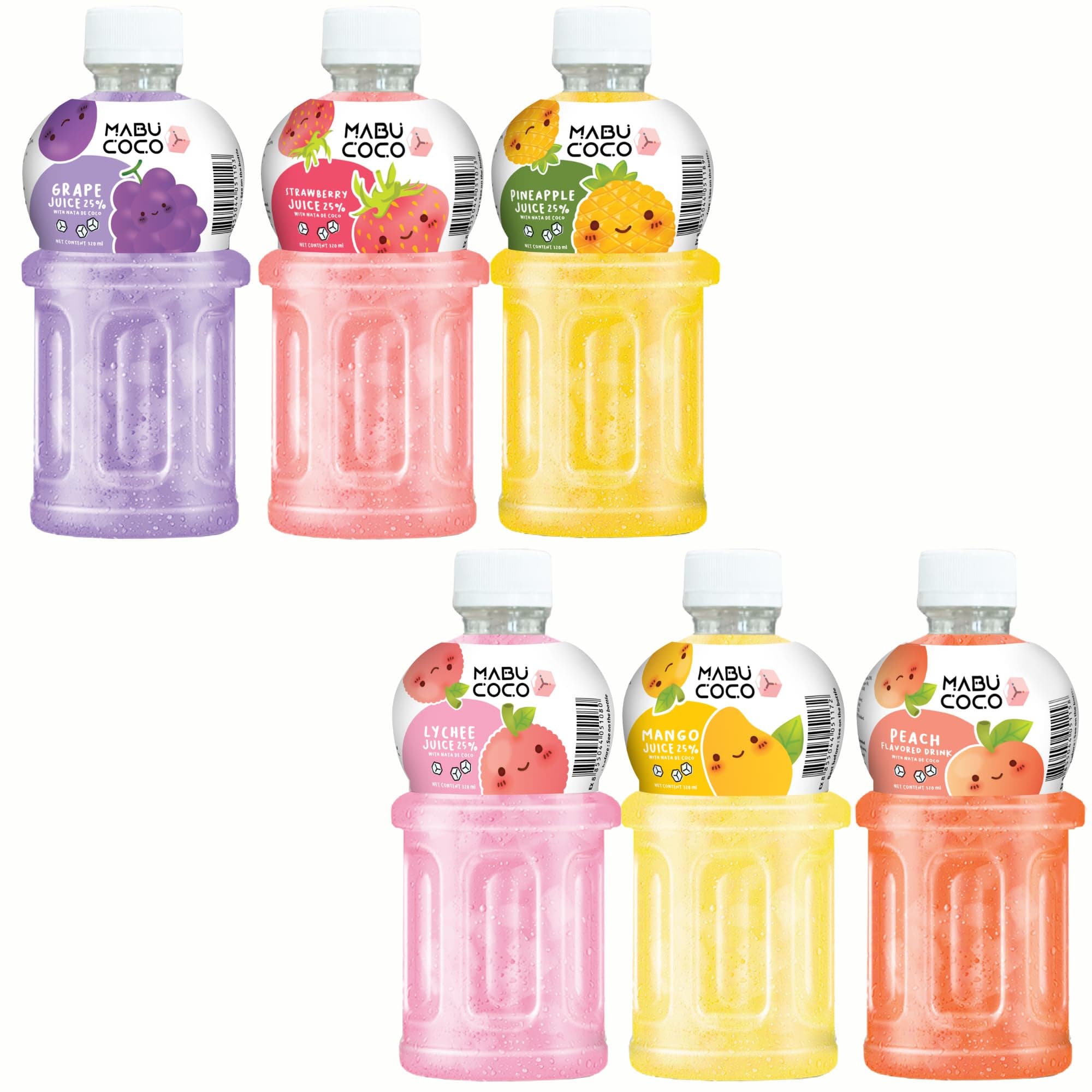 Mabu Coco Juice 25% With Nata De Coco | Refreshing Taste | Assorted Flavours: Lychee, Mango, Strawberry, Peach, Grape, Pineapple | Pack of 6 (320ml Each)