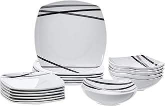 Amazon Basics 18 Piece Kitchen Dinnerware Set, Dishwasher and Microwave Safe, Square Plates, Bowls, Service for 6, Modern Beams